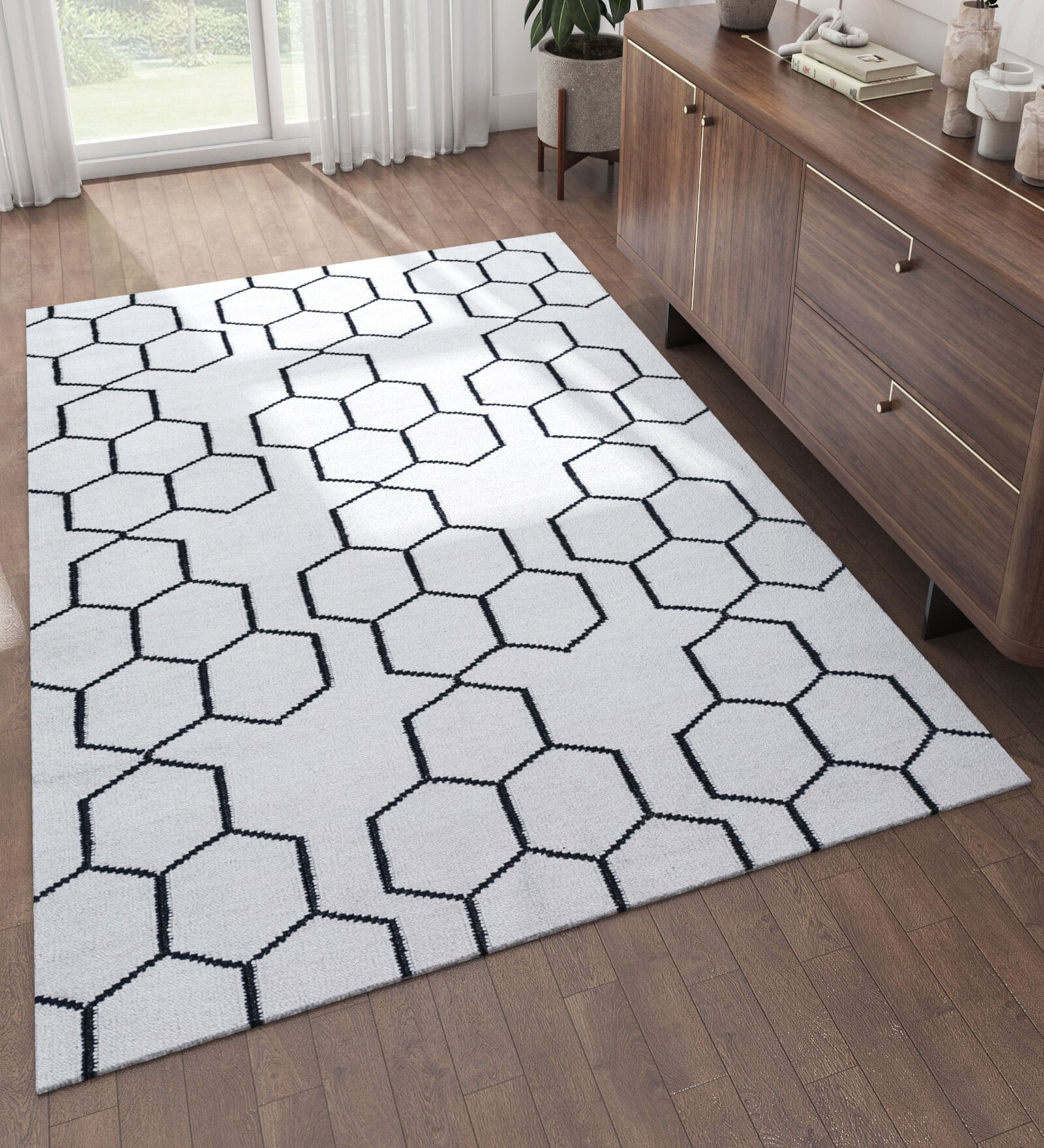 Grey Geometrical Wool 5 ft X 8 ft Flat Weaves