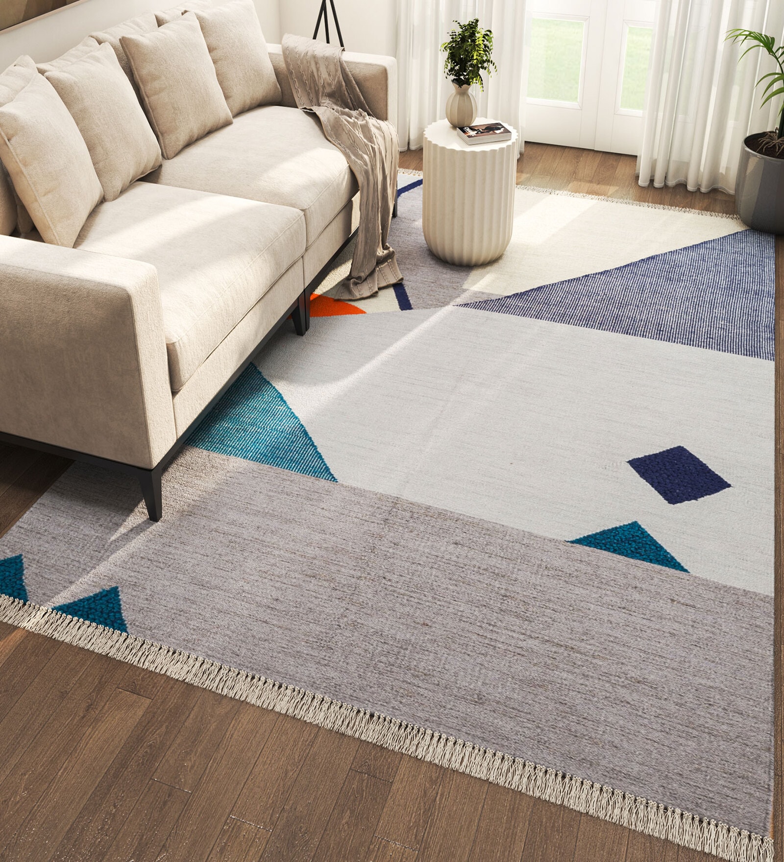 Grey Geometrical Wool 5 ft X 8 ft Rectangle Flat Weaves