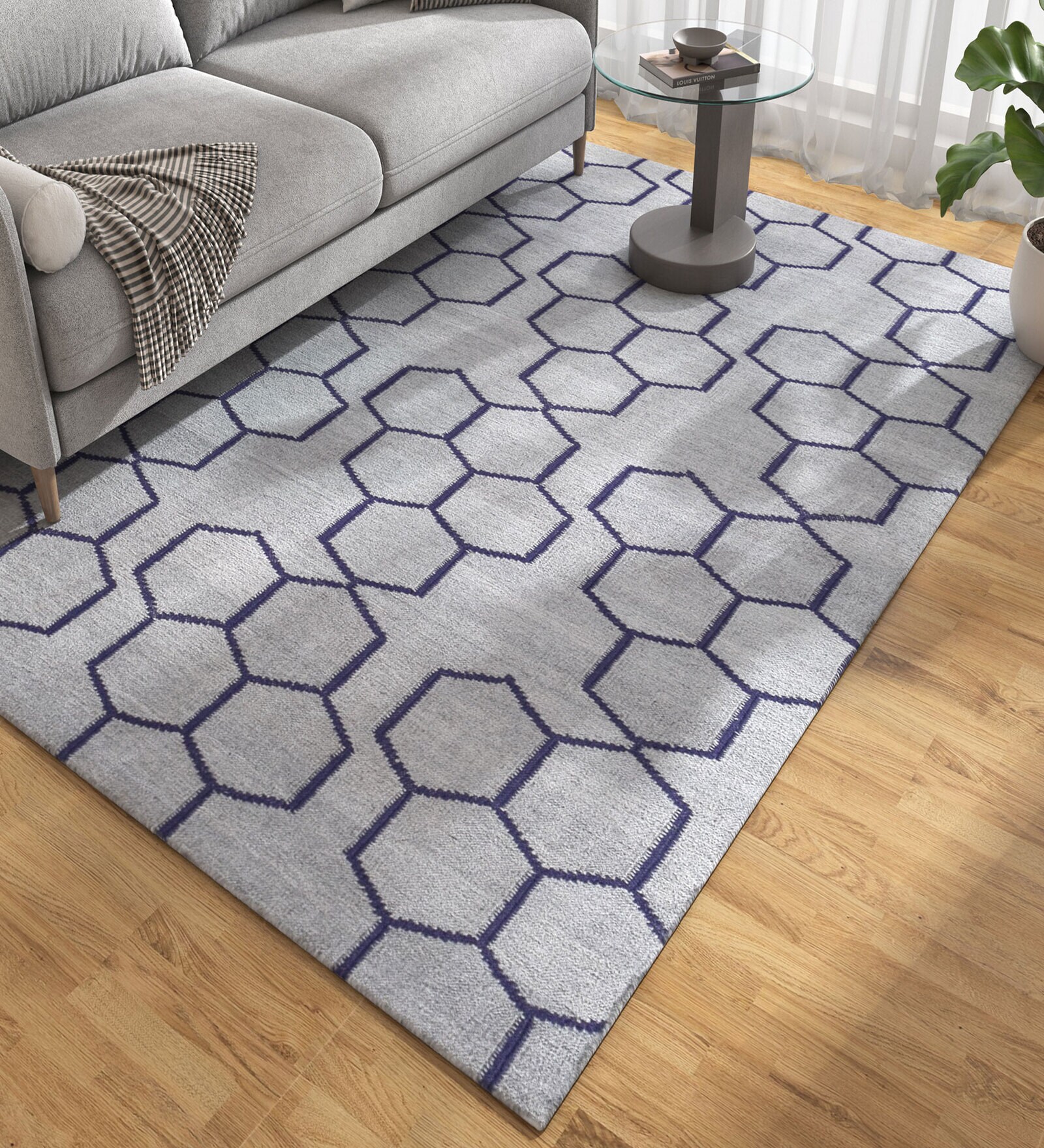 Grey Geometrical Wool and Viscose 5 ft X 8 ft Flat Weaves