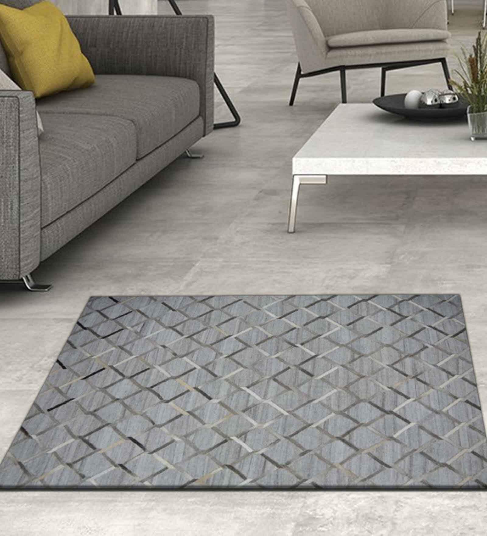 Grey Hair On Leather Geometrical Hand Woven 8ftX10ft Carpet