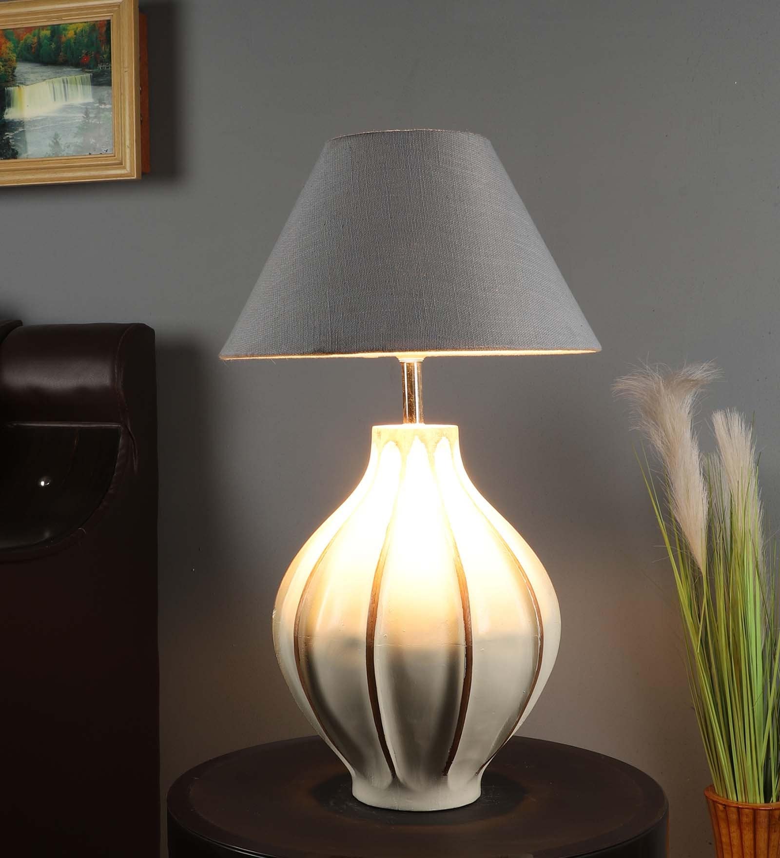 Grey Iron & Cloth Shade Table Lamp with White Base