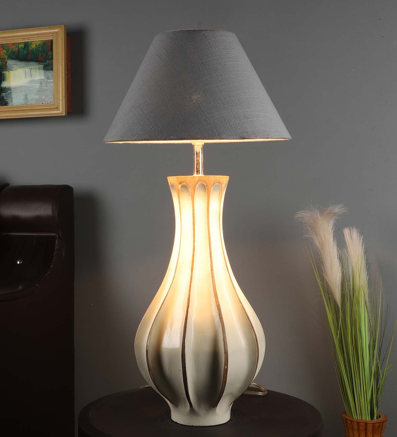Grey Iron & Cloth Shade Table Lamp With White Base