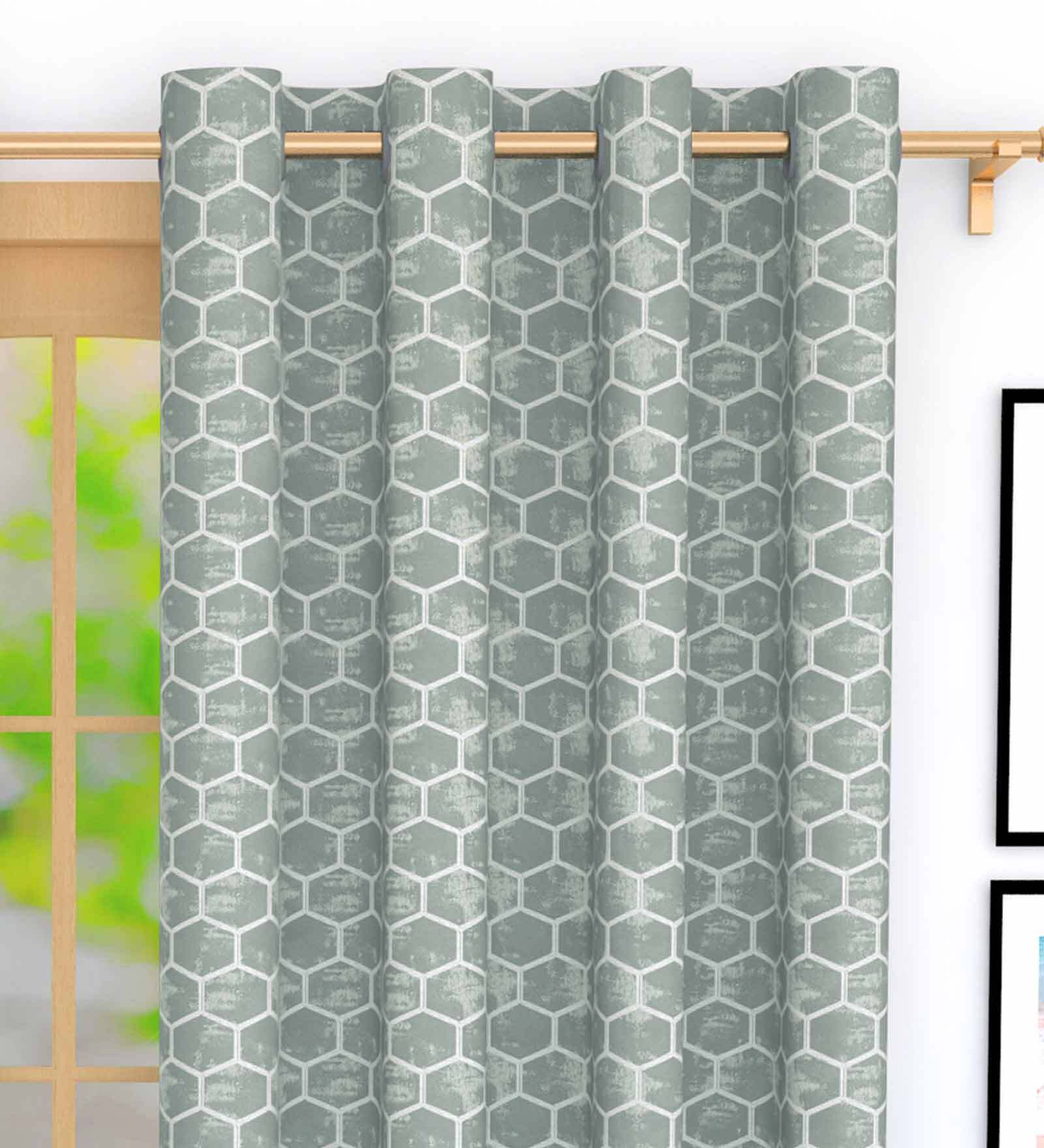 Grey Geometric Jacquard 5 Ft Blackout Eyelet Window Curtain