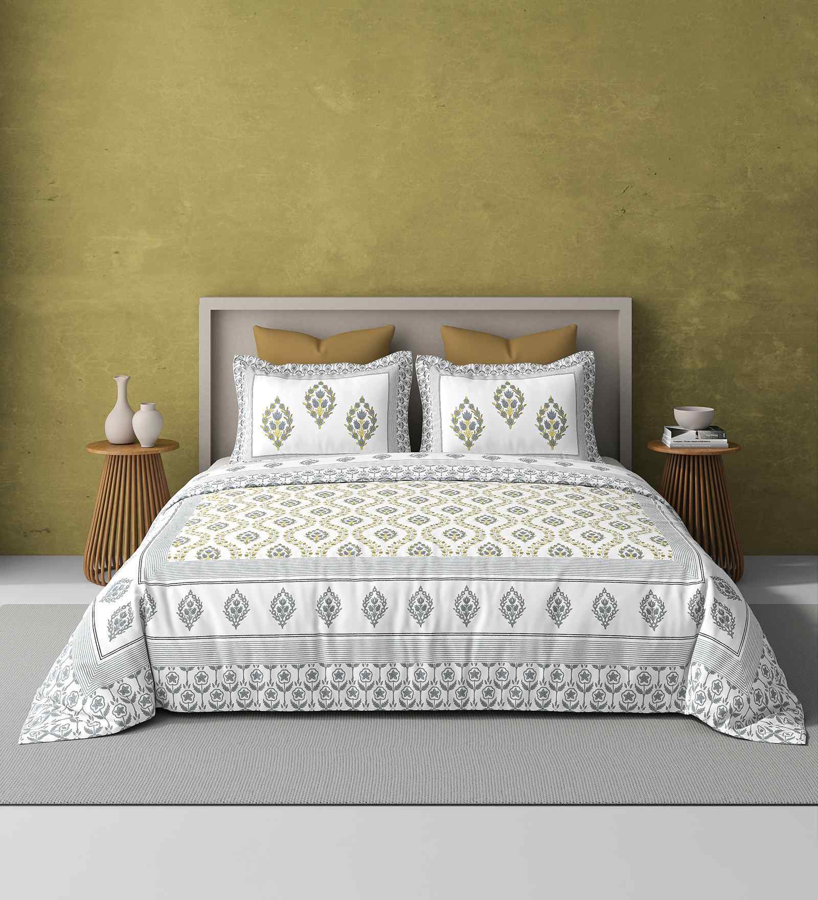 Grey Jaipuri Blockprint 250 TC Pure Cotton King Sized Double Bedsheet with 2 Pillow Covers