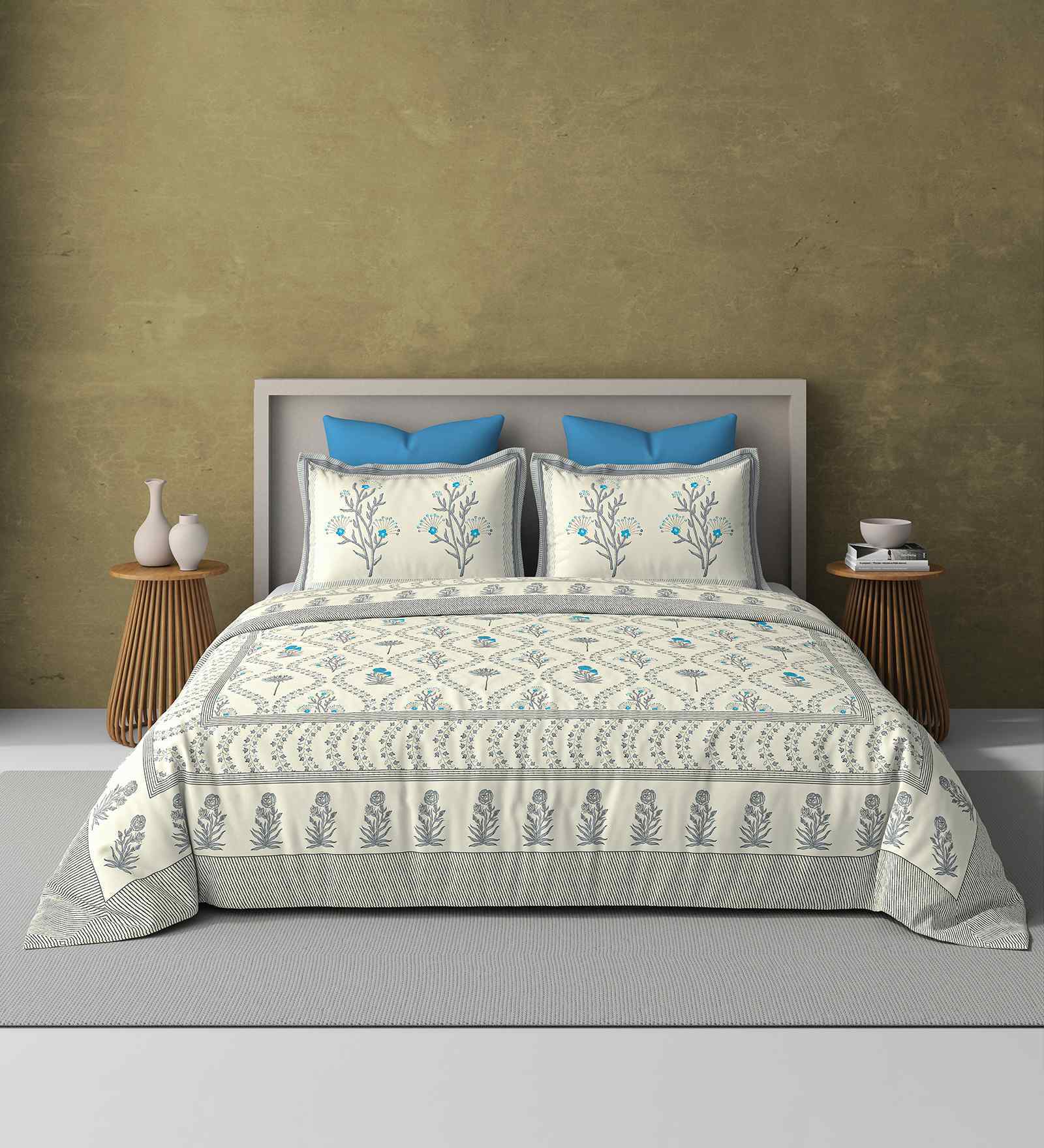 Grey Jaipuri Blockprint 250 TC Pure Cotton King Sized Double Bedsheet with 2 Pillow Covers
