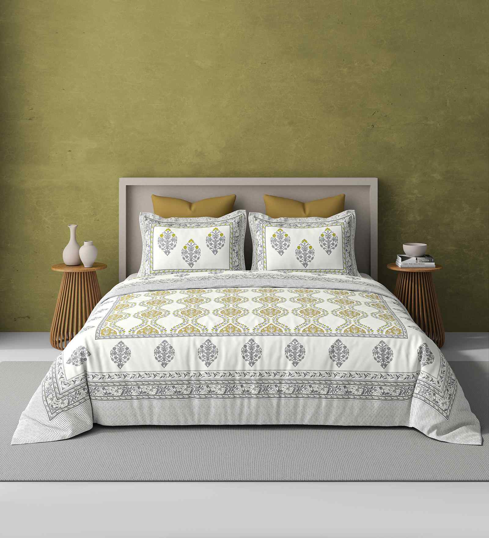 Grey Jaipuri Blockprint 250 TC Pure Cotton King Sized Double Bedsheet with 2 Pillow Covers