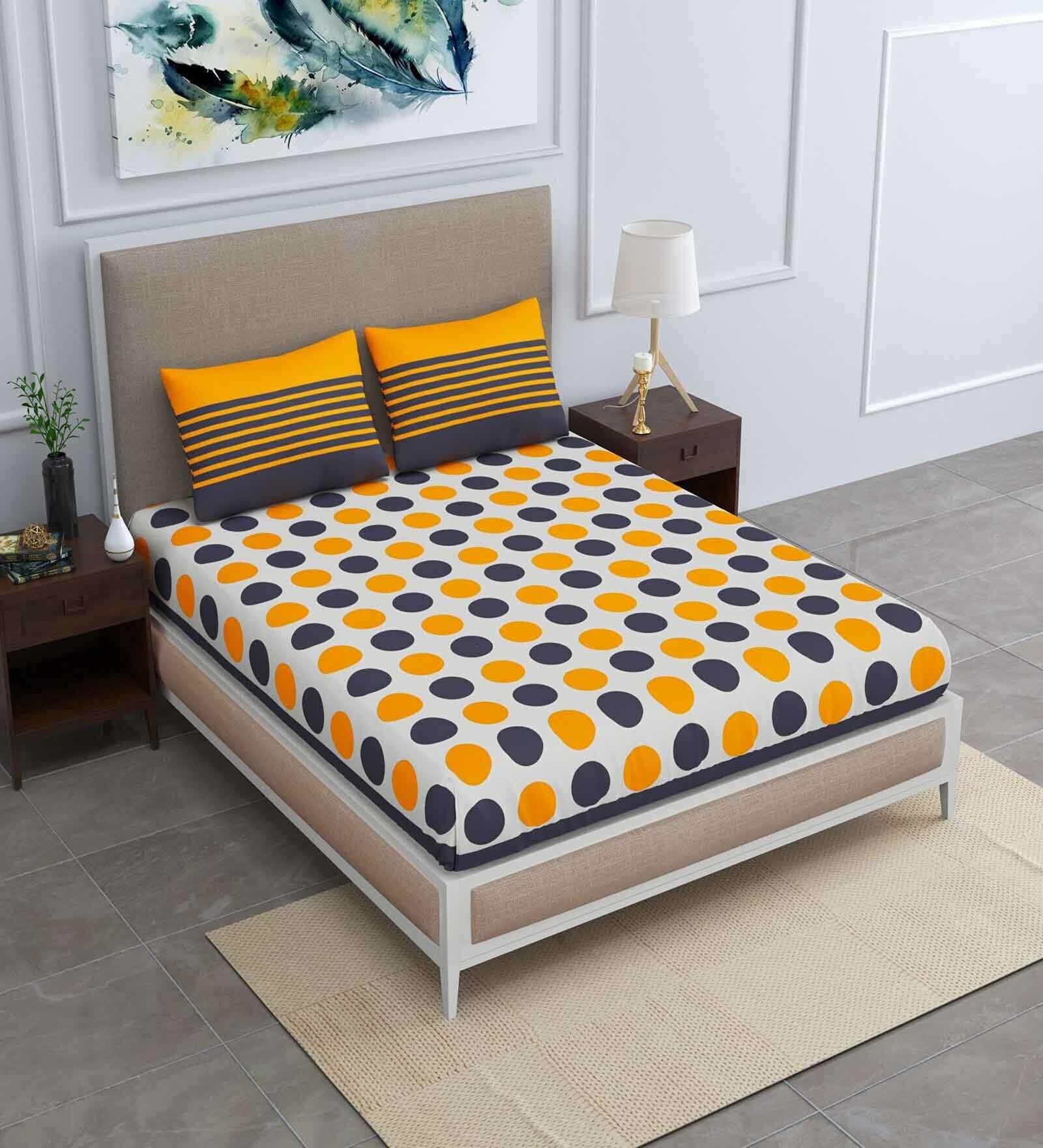 Mustard Geometric 120 TC Cotton Queen Sized Bedsheet with 2 Pillow Cover