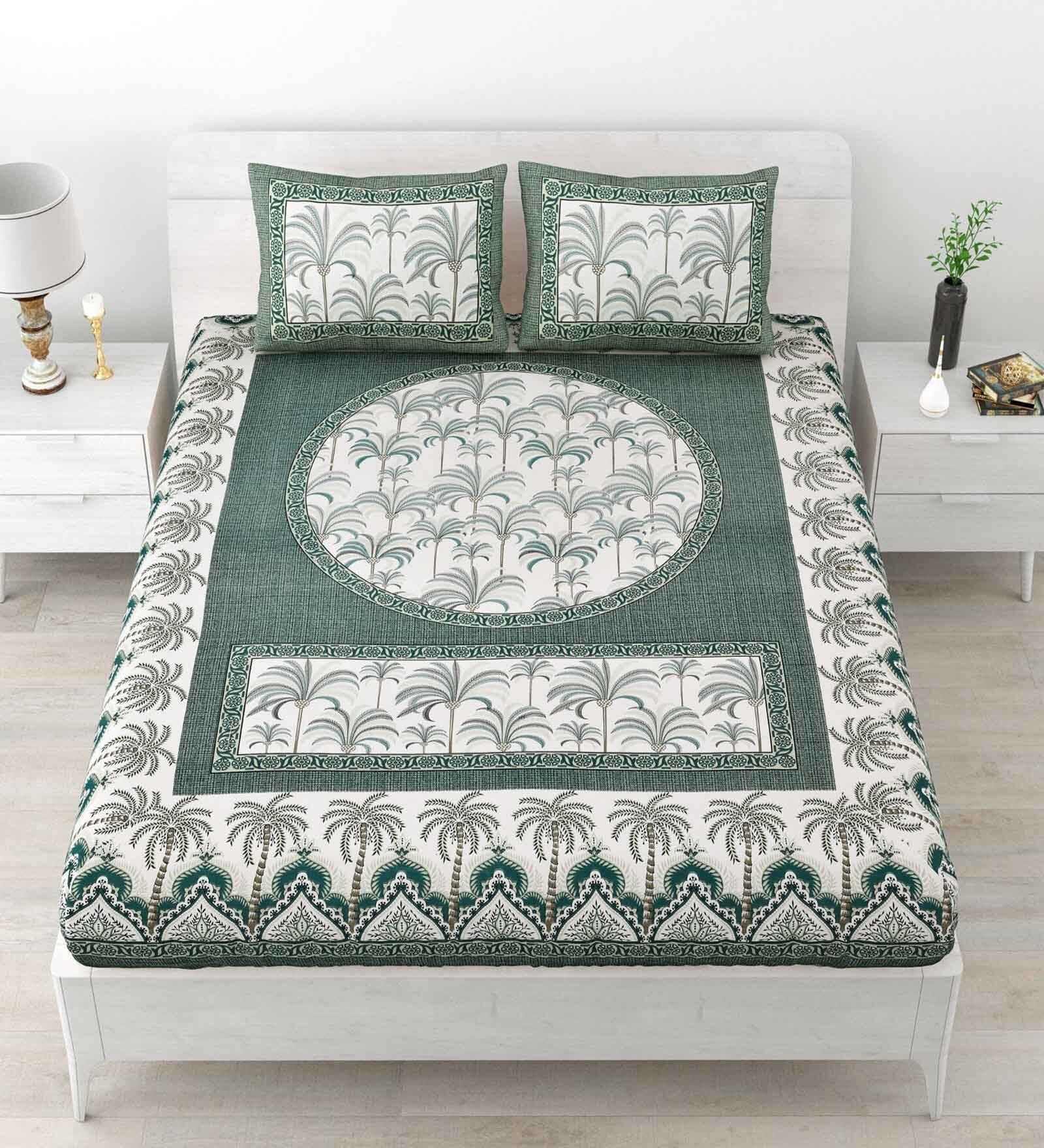 Green Floral 120 TC Cotton Queen Sized Bedsheet with 2 Pillow Cover