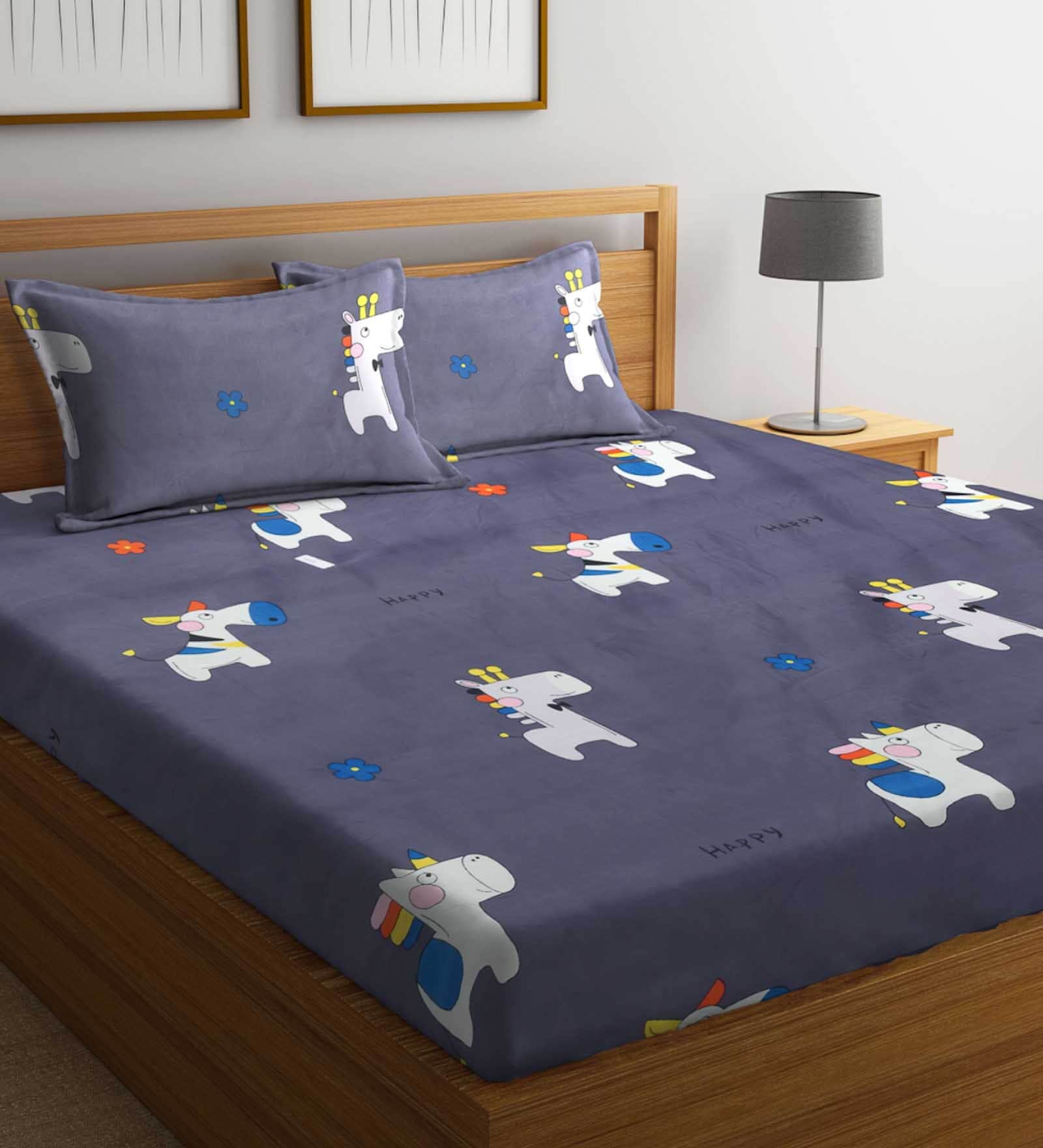 Grey Characters 300 TC Cotton Blend Double Size Bedsheet With 2 Pillow Covers