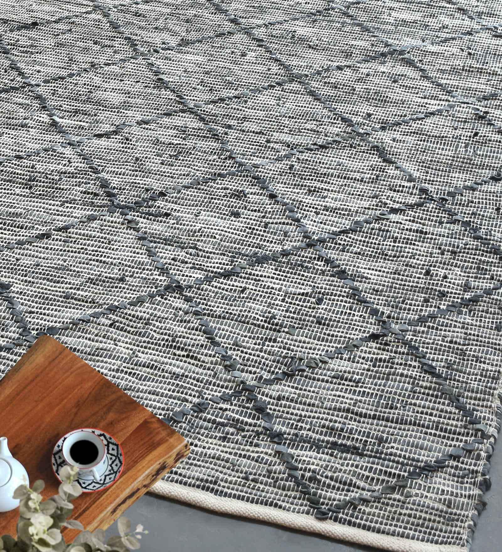Buy Grey Geometric Leather 4 ft x 6 ft Hand Woven Carpet by The Rug ...
