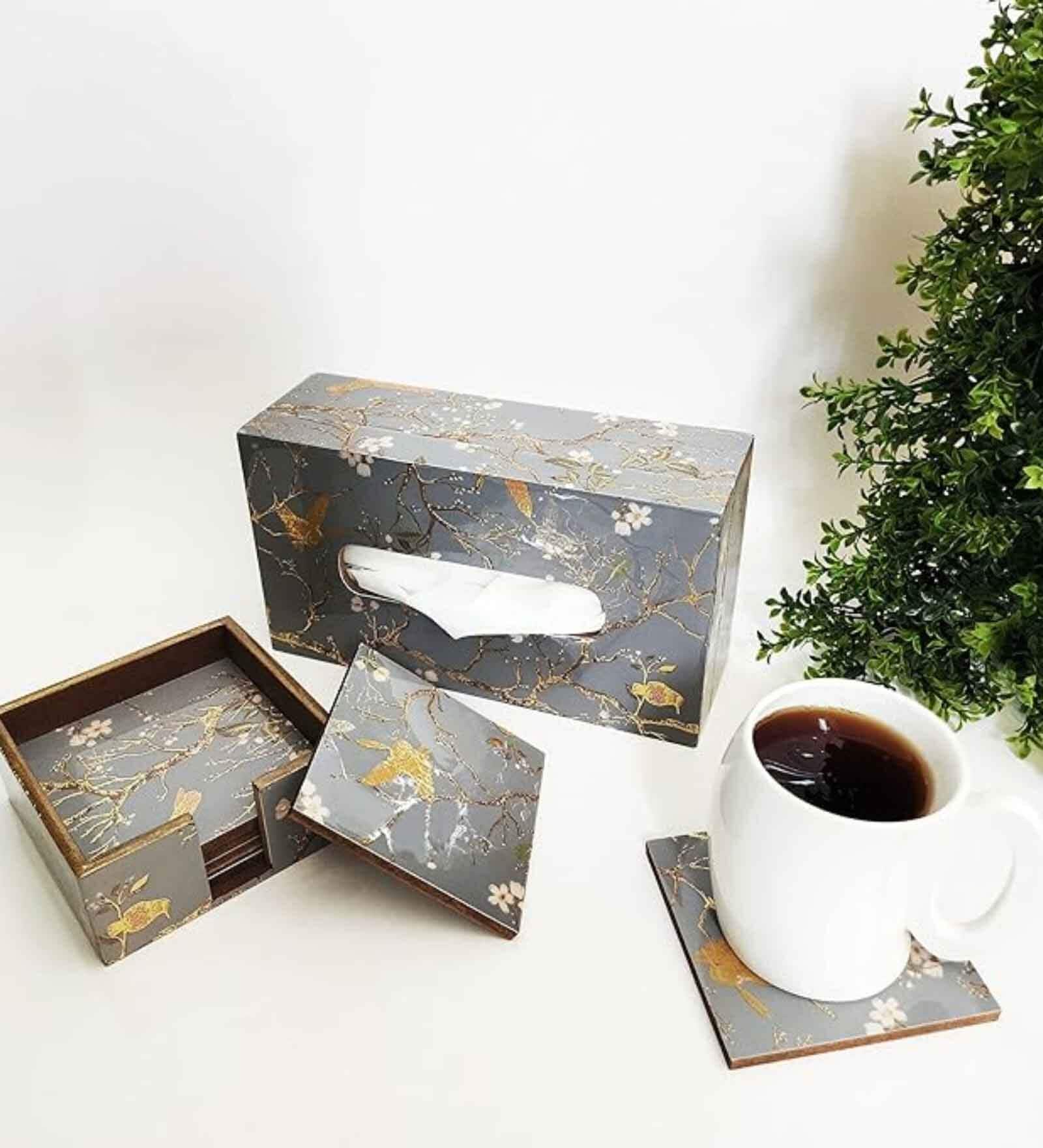 Grey Bird Combo Tissue Box Holder with  Set of 6 Coaster Set