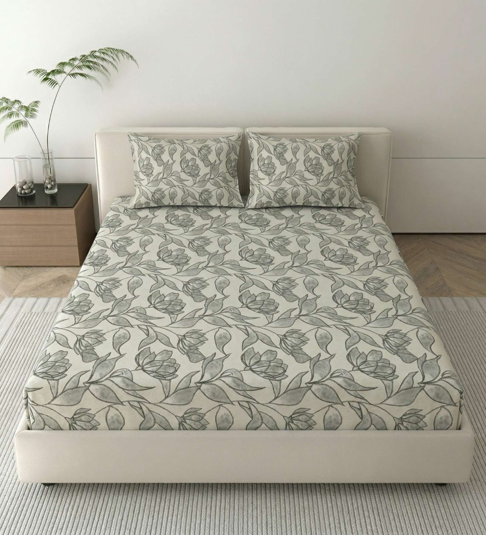 Grey Metro 186 TC Cotton Double Bedsheet With 2 Pillow Covers