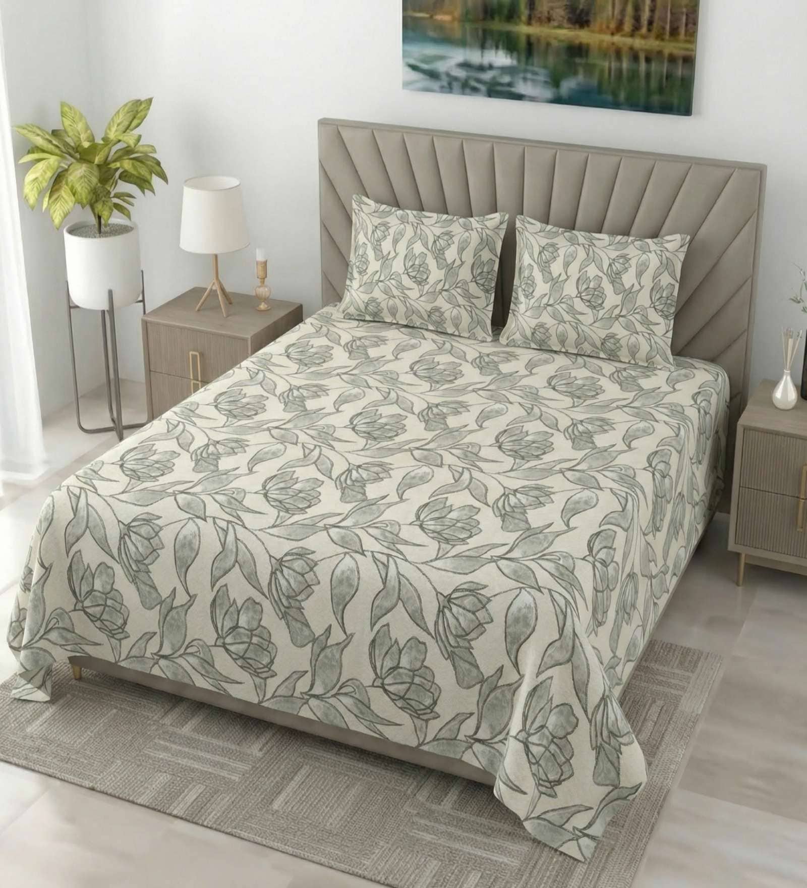 Grey Metro 186 TC Cotton King Bedsheet With 2 Pillow Covers