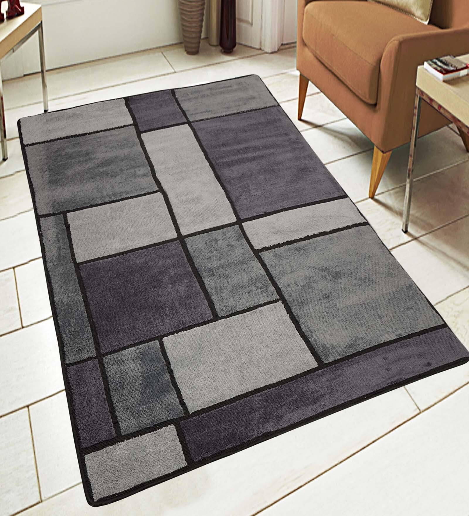 Grey Geometric Microfibre 4 ft x 6 ft Machine Made Carpet