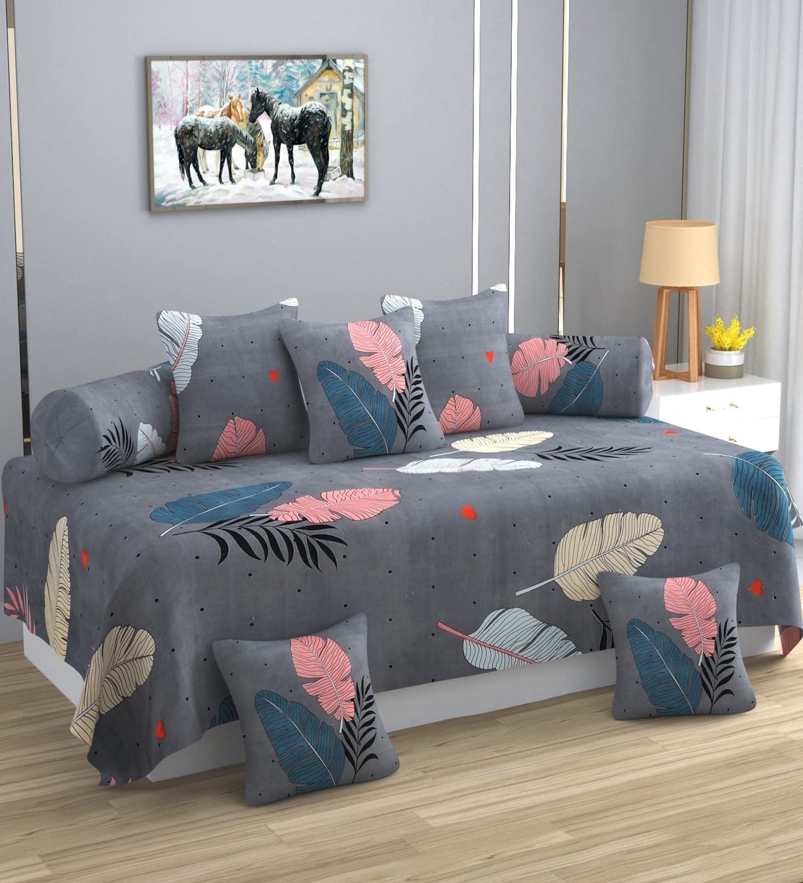 Grey Microfibre 220 TC 8 Pcs Diwan Set