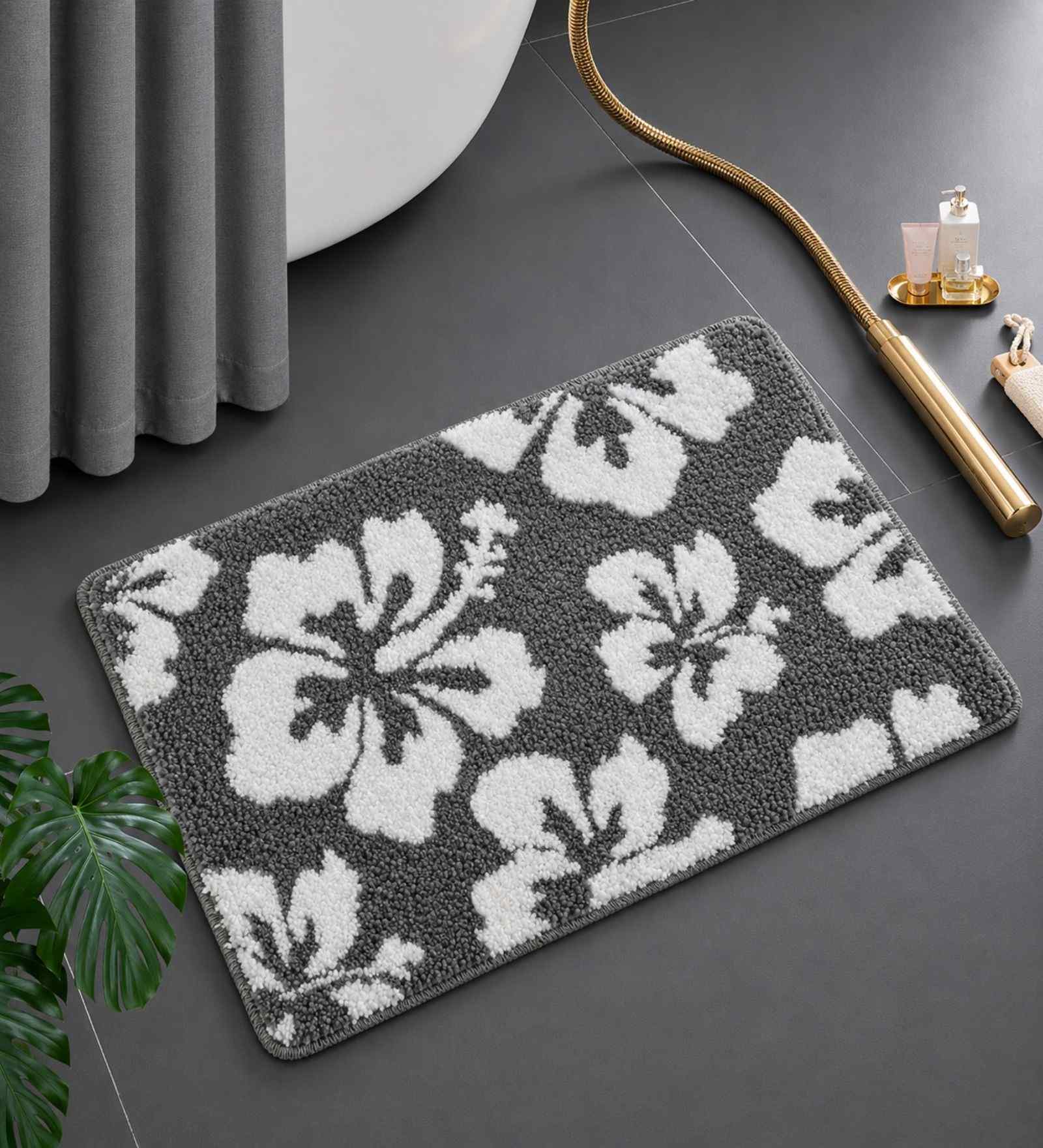 Grey Floral Microfibre 24X16 Inches Anti-Skid Bath Mat
