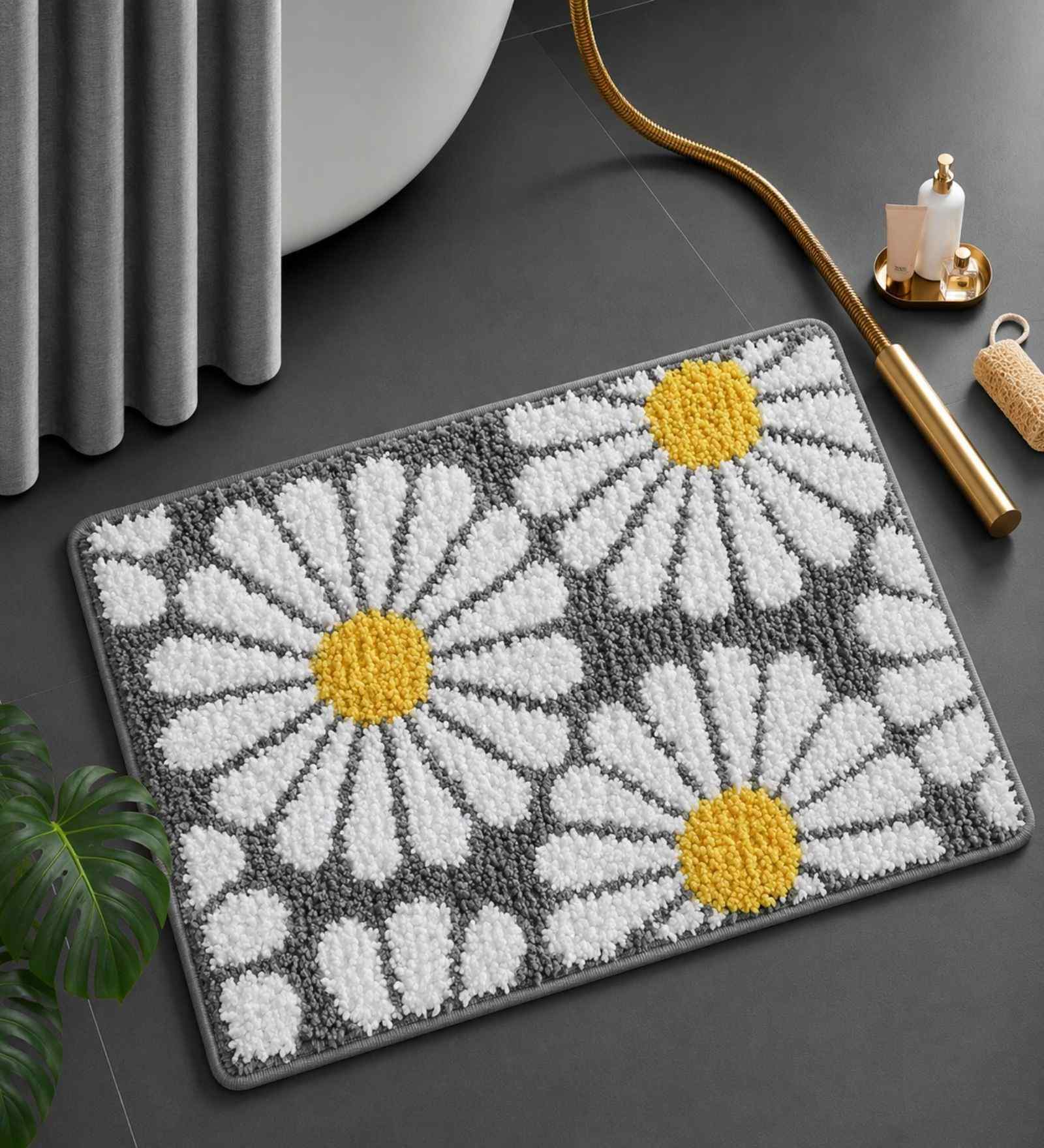 Grey Floral Microfibre 24X16 Inches Anti-Skid Bath Mat