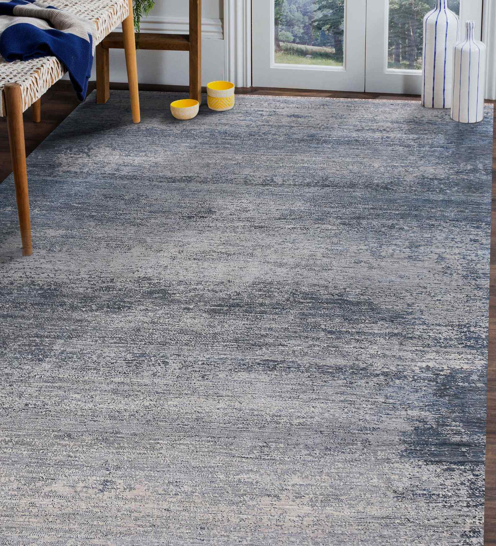 Grey Modern Raw Handspun NZ  Wool & Raw Handspun Silk 2x3 Feet Handmade  Dhurrie