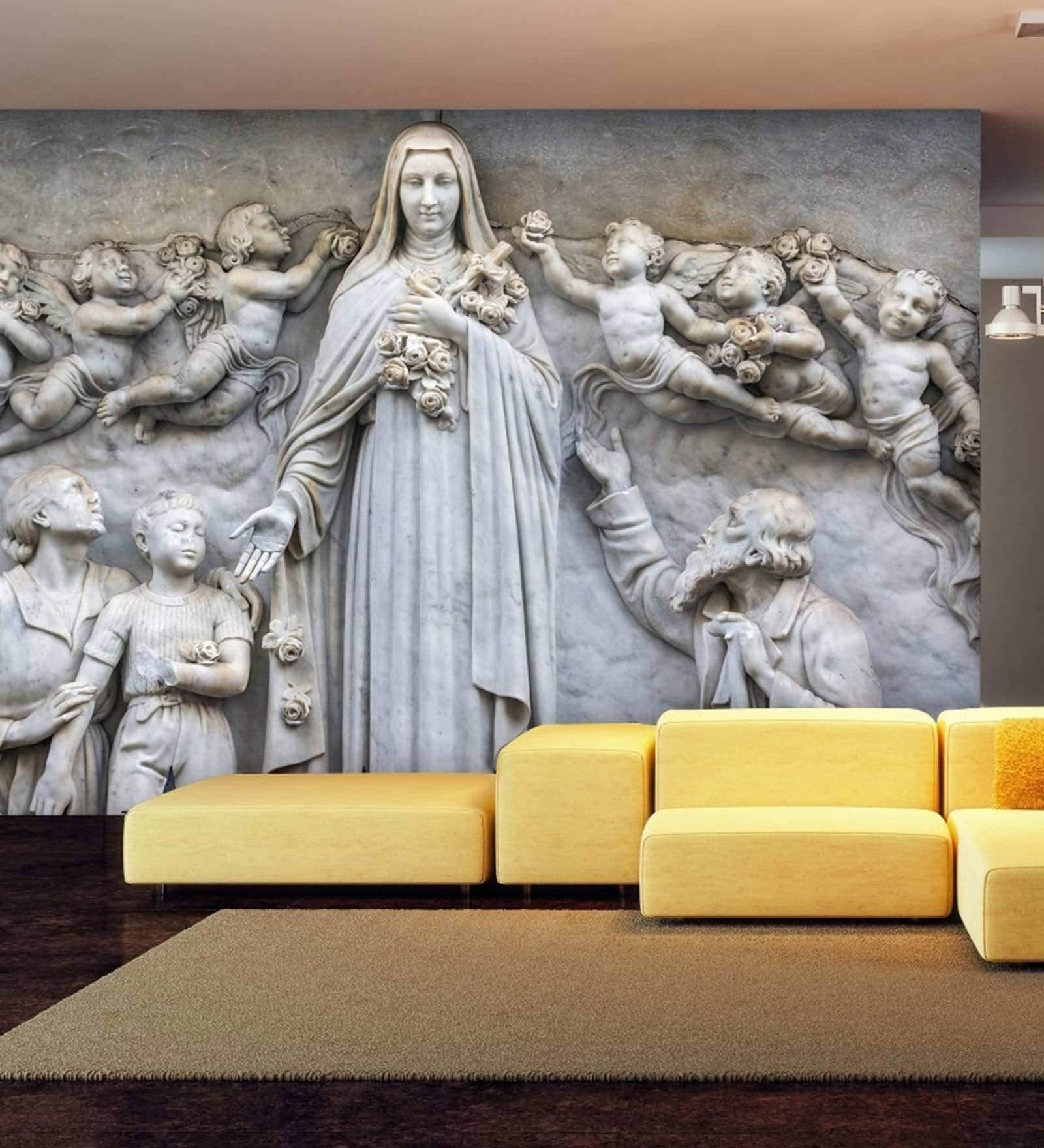 Grey Non Wooven Paper 3D Mother Mary And Children Mural Wallpaper