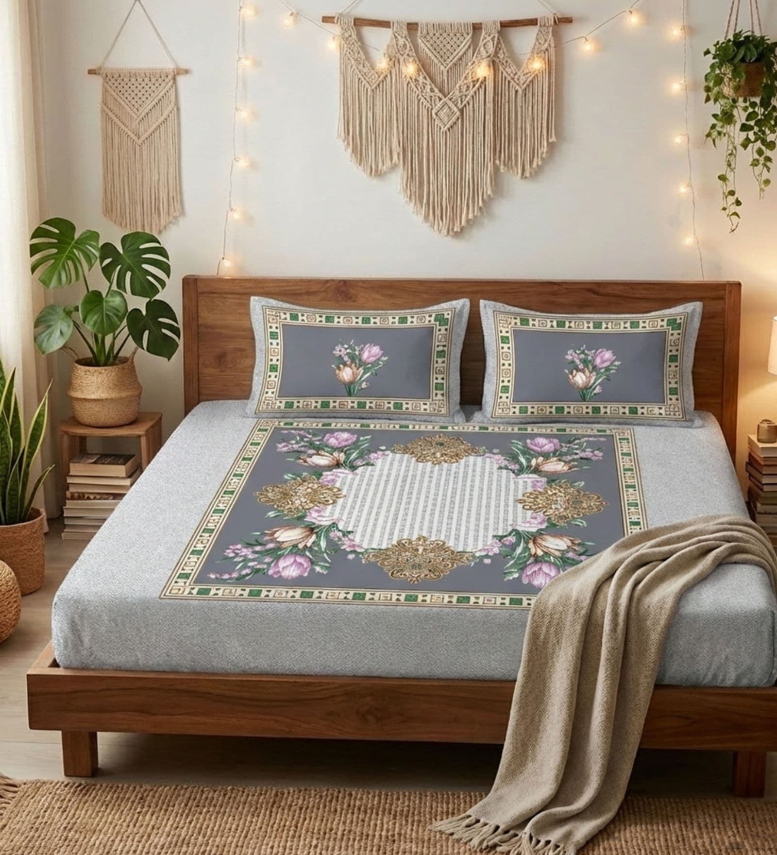 Grey Panel Design 180 TC Cotton King Bedhseet 2 pillow covers