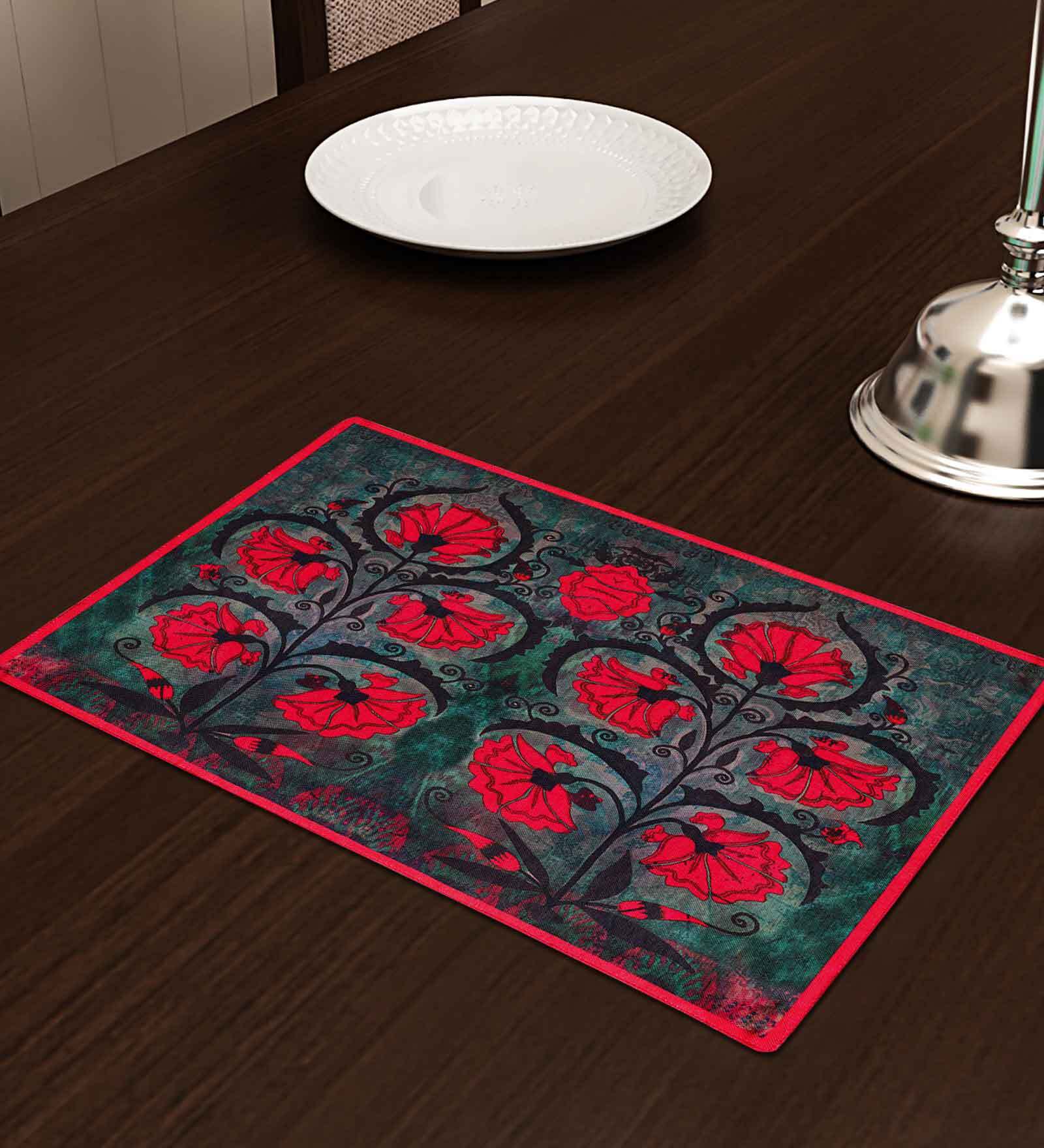 Koi  Floral (12x18) Grey & Red Poly Cotton (Set of 4) Placemat