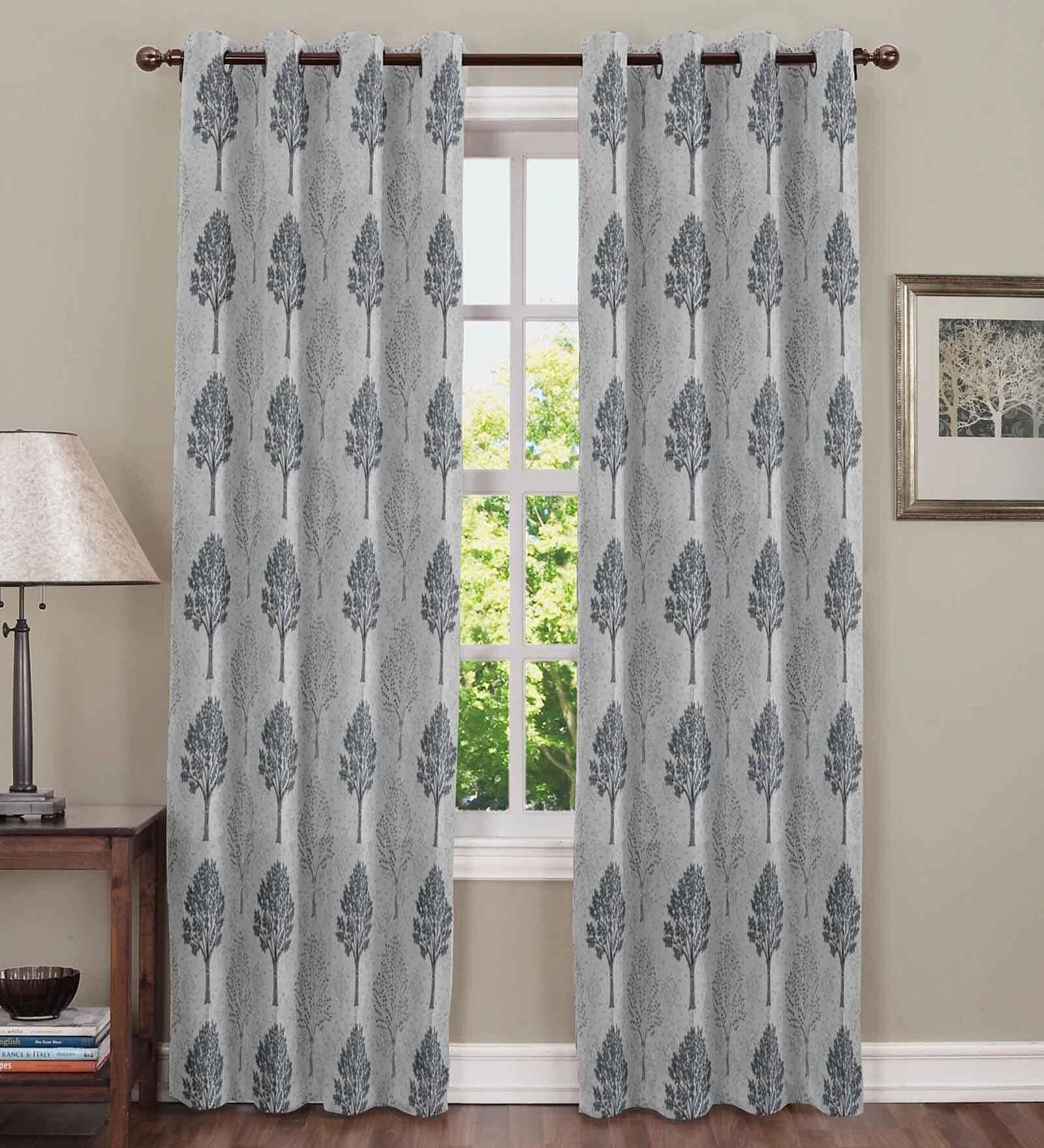 Grey Polyester Floral 7Ft Semisheer Eyelet Door Curtain (1 Pc)