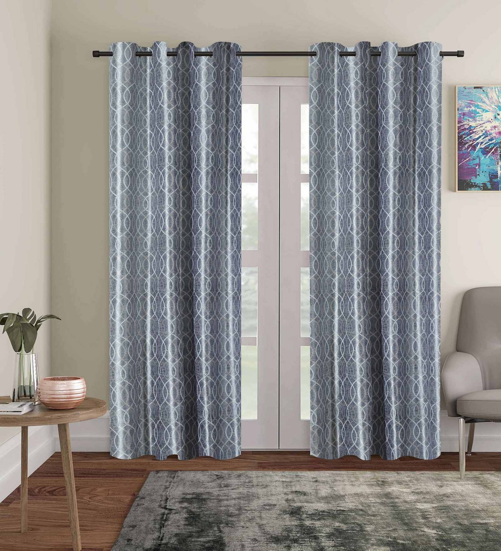 Grey Polyester Abstract 9ft Blackout Eyelet Door Curtains