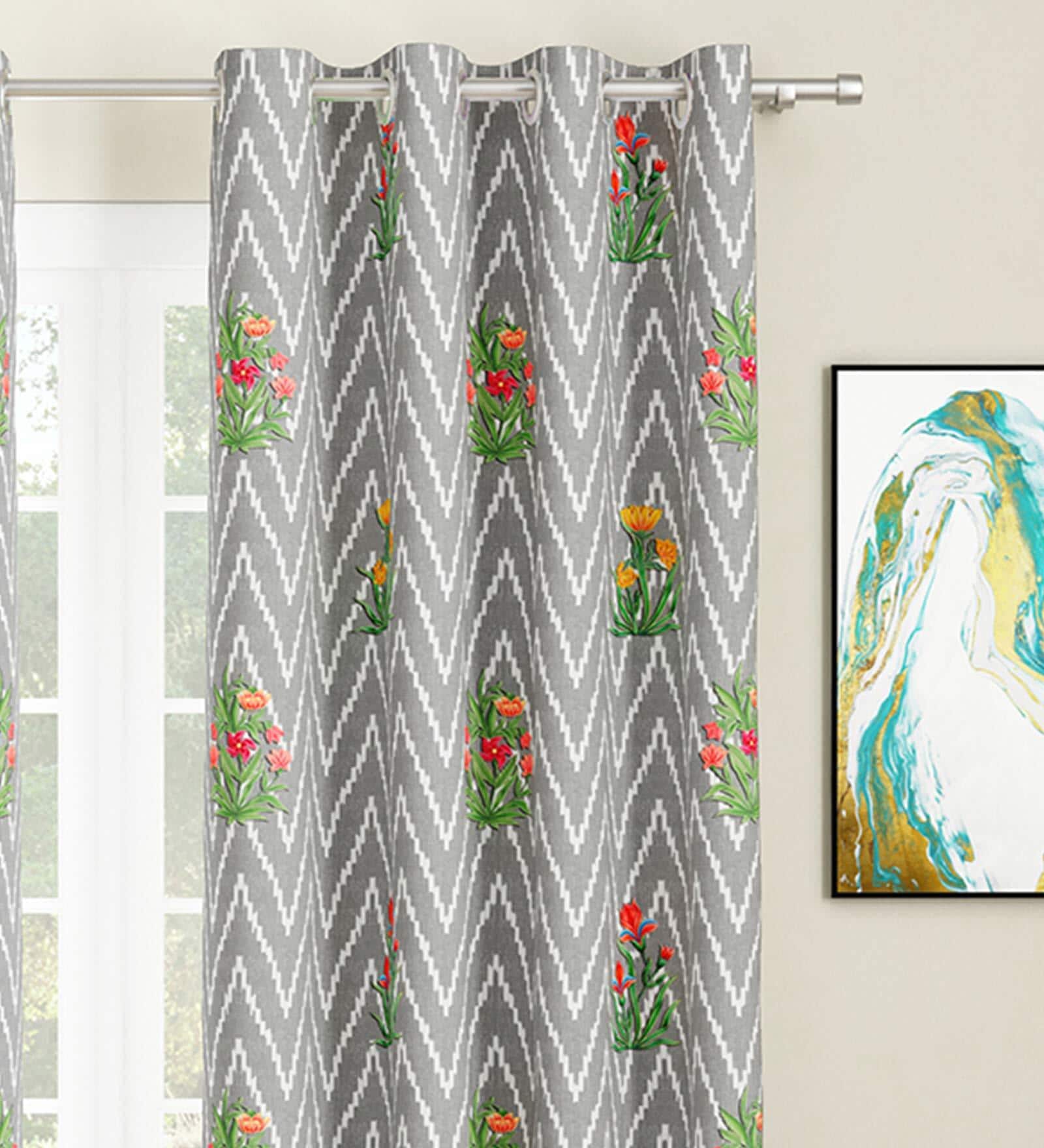 Grey Floral Polyester 7 Ft Light Filtering Eyelet Door Curtains (Set of 2)