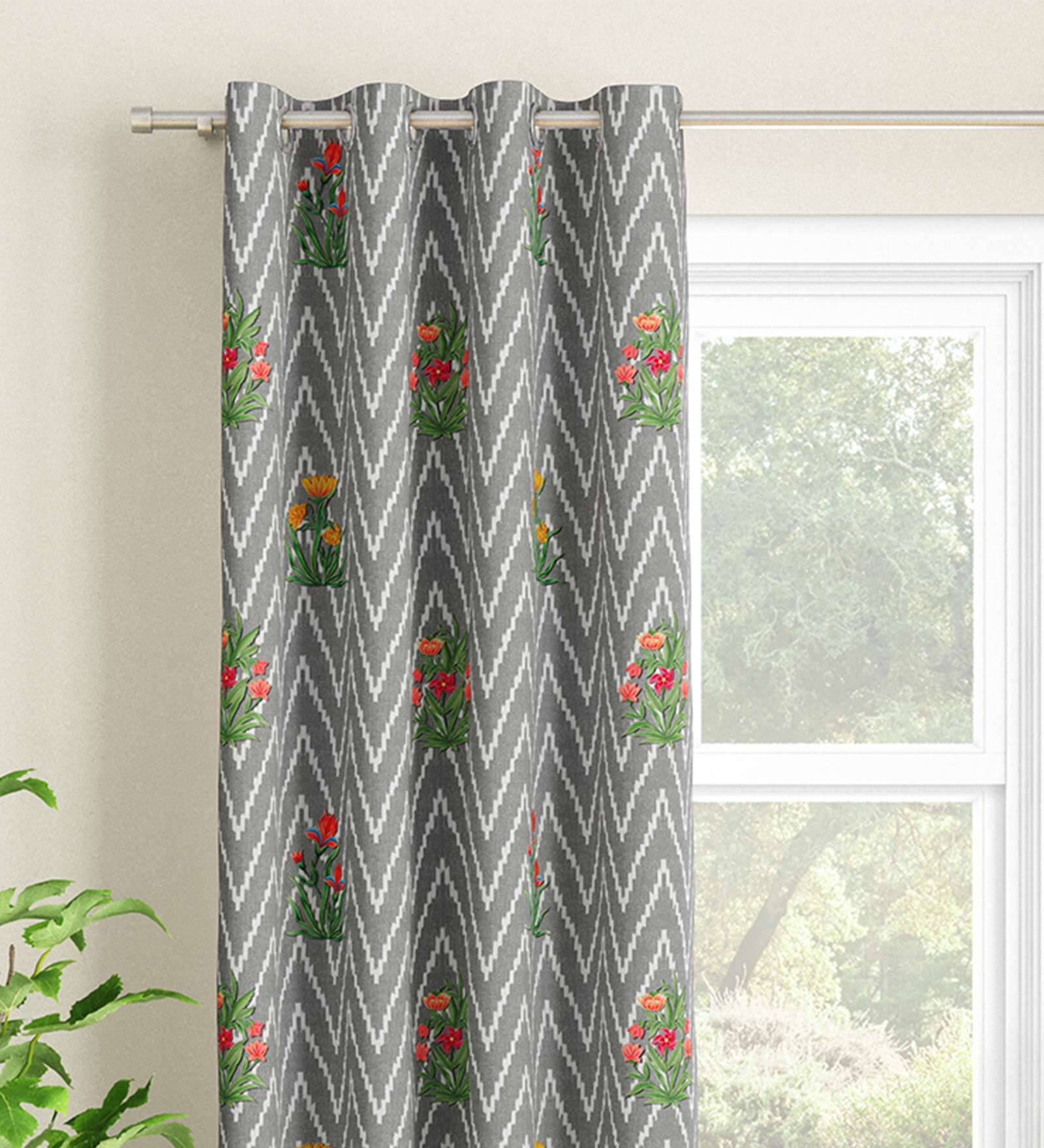 Grey Floral Polyester 9 Ft Light Filtering Eyelet Door Curtain