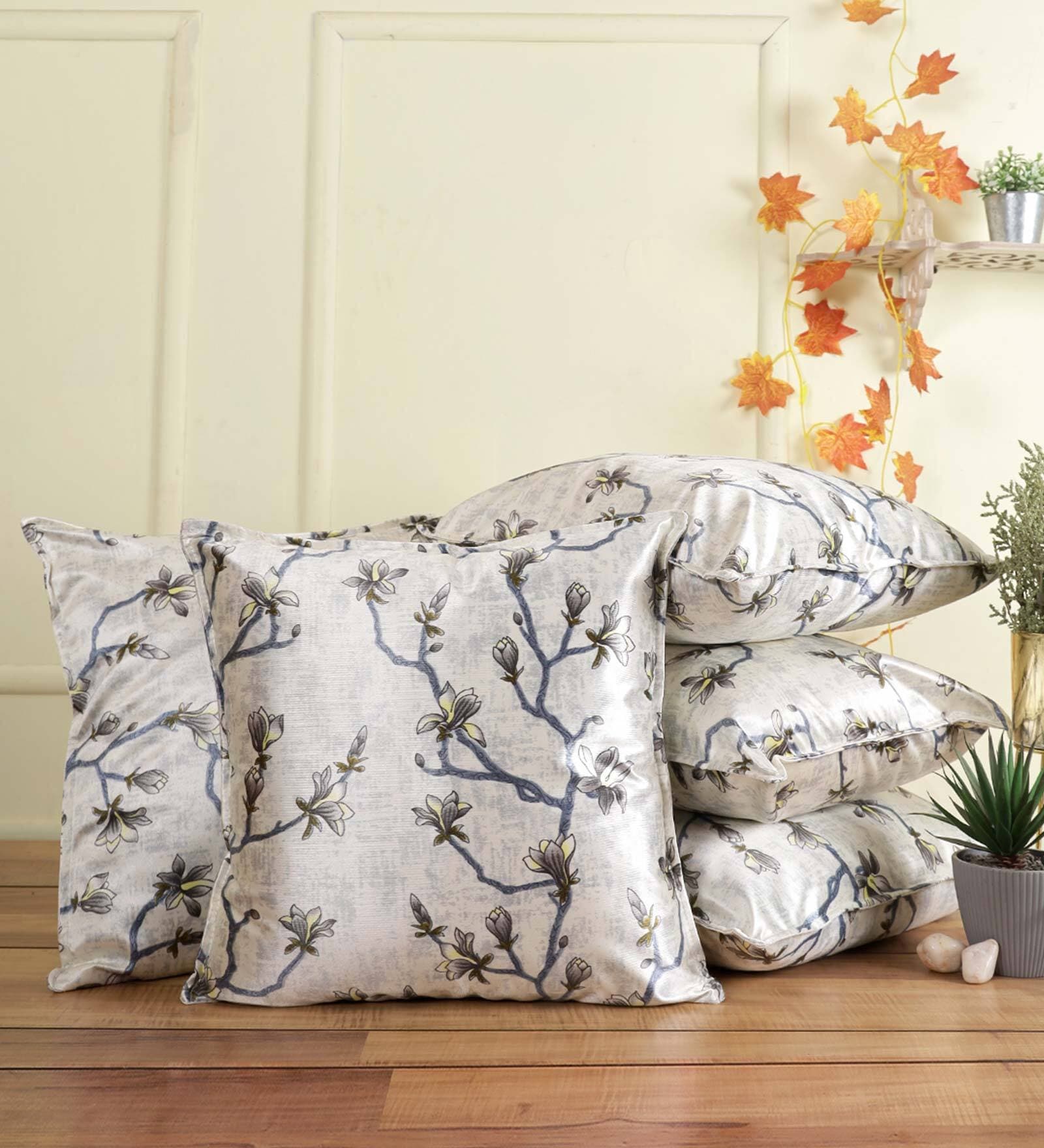 Grey Floral Polyester Blend 16 x 16 Inches Cushion Covers (Set of 5)