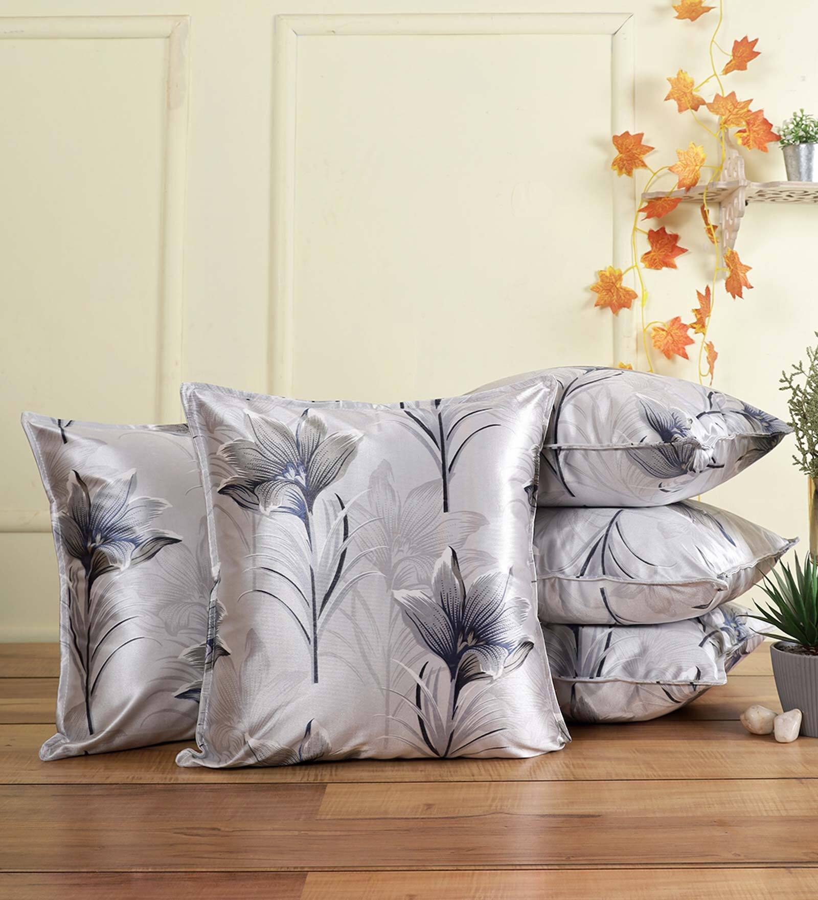 Grey Floral Polyester Blend 16 x 16 Inch Cushion Covers (Set of 5)