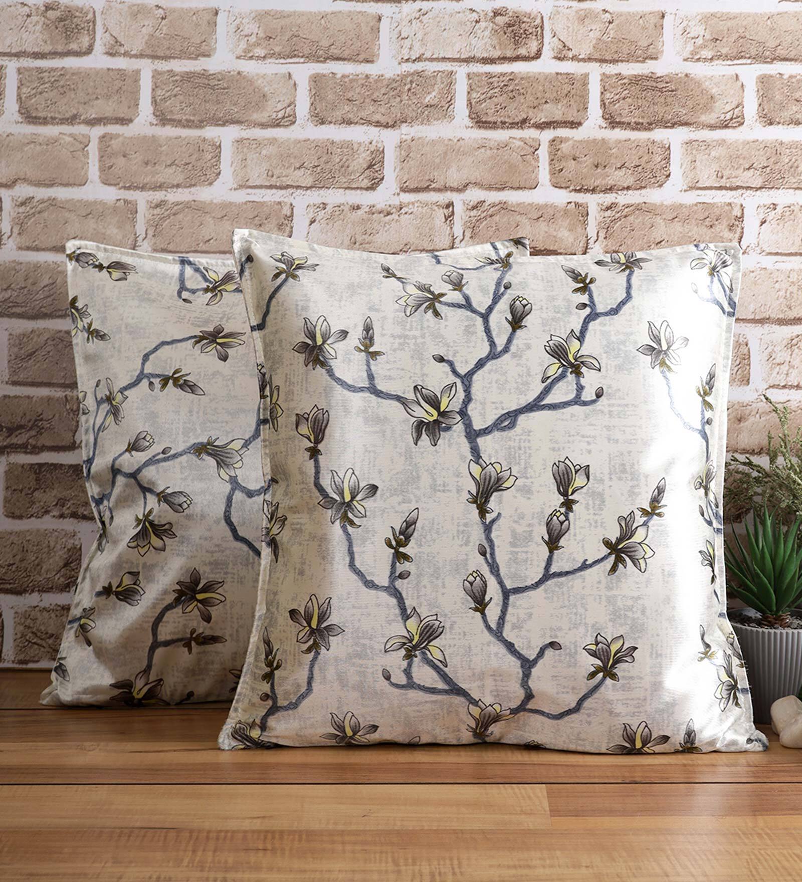 Grey Floral Polyester Blend 24 x 24 Inch Cushion Covers (Set of 2)