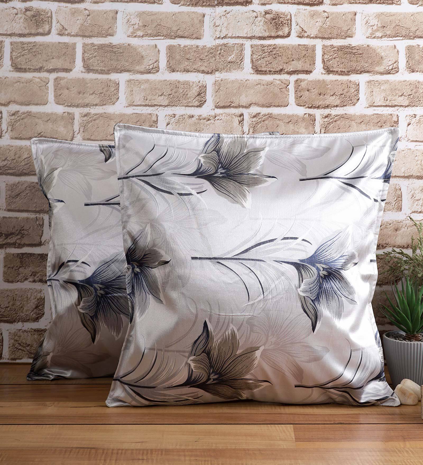 Grey Floral Polyester Blend 24 x 24 Inches Cushion Covers (Set of 2)