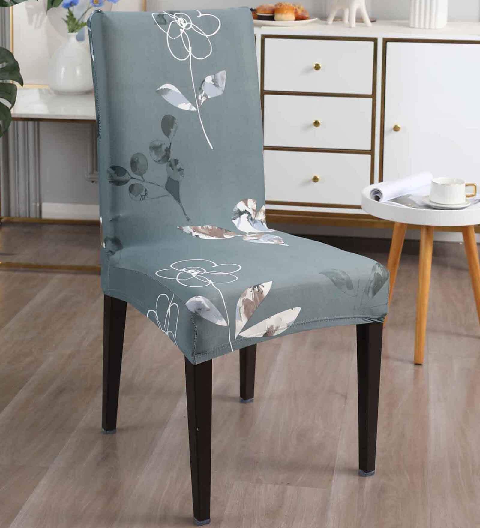 Grey Polyester Floral Stretchable Chair Covers (Pack of 4)