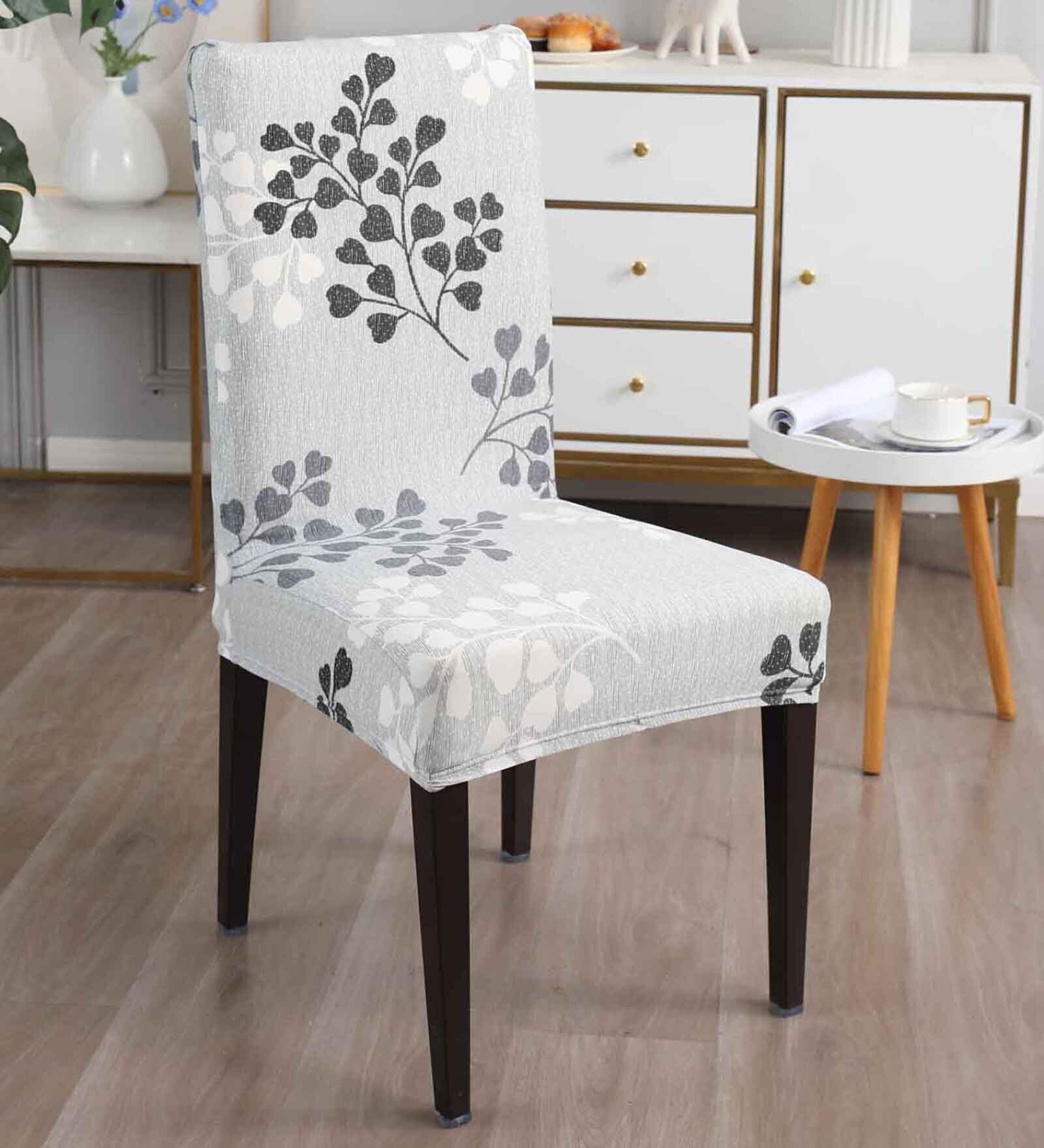 Grey Polyester Floral Stretchable Chair Covers (Pack of 4)