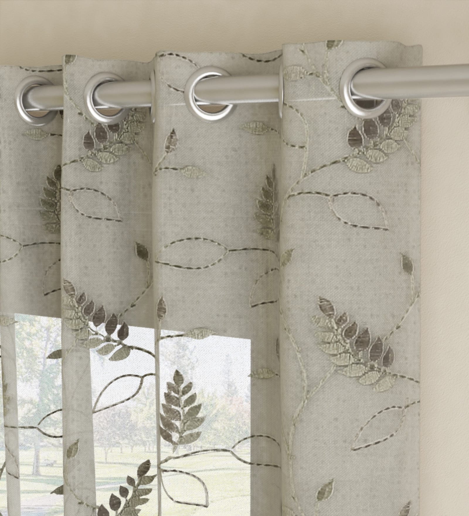 Grey Polyester Floral 7ft Sheer Eyelet 1 Pc Door Curtain