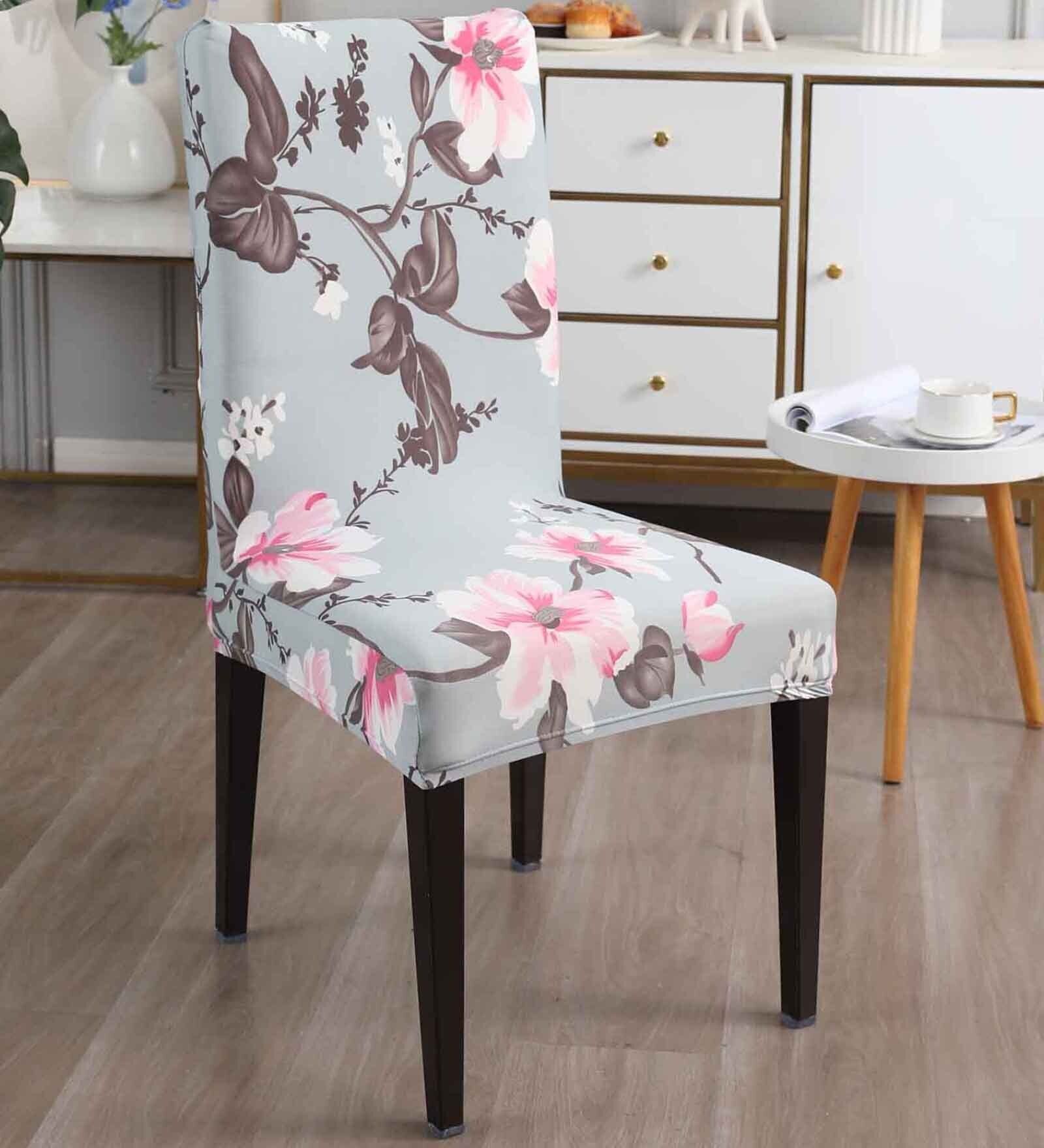 Grey Polyester Floral Stretchable Chair Cover (1Pc)