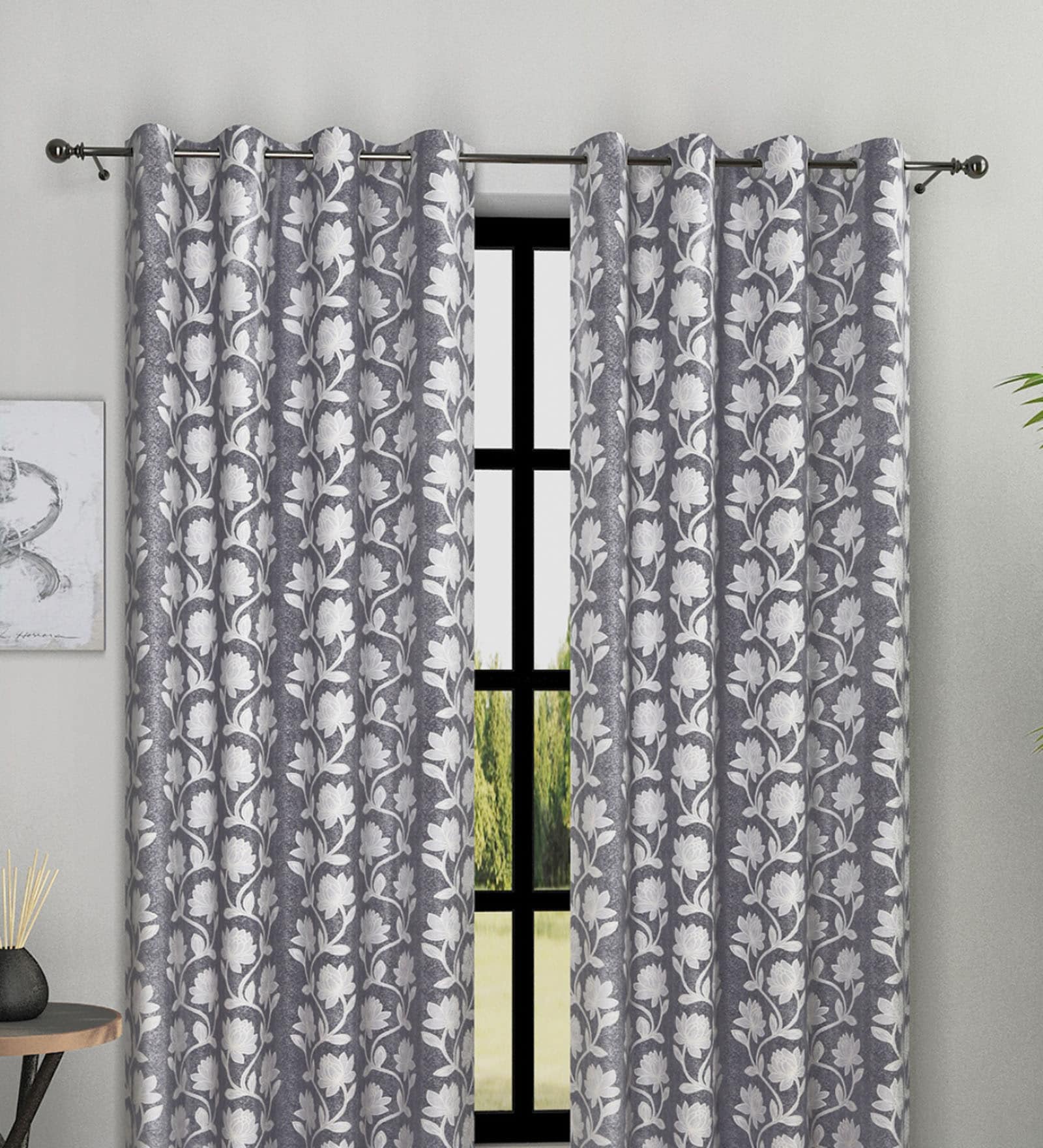 Grey Polyester Floral Light Filtering Eyelet 9 Feet Door Curtains (2 Pc)