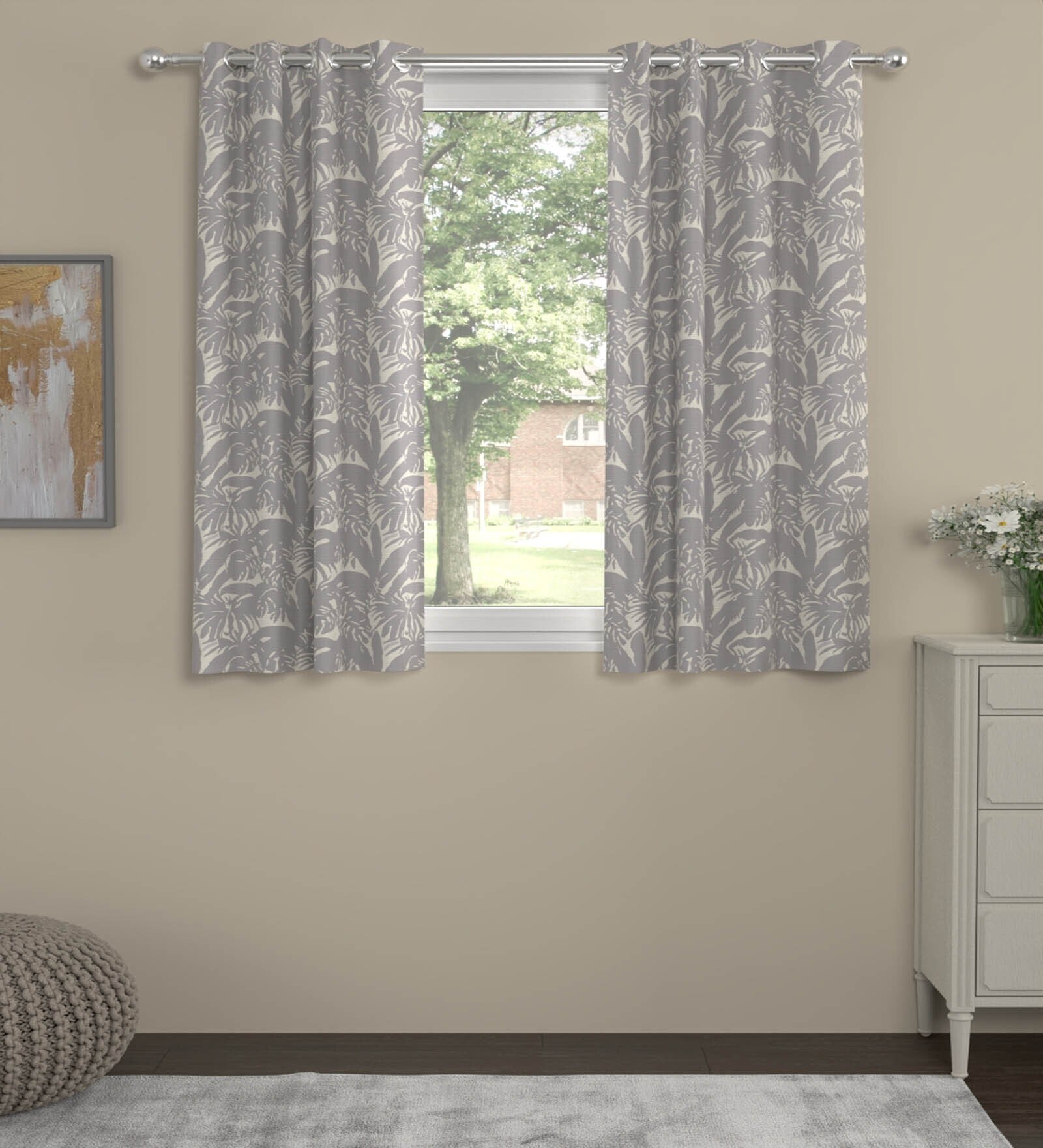 Grey Polyester Floral 5ft Semisheer Eyelet (2 pc) Window Curtains