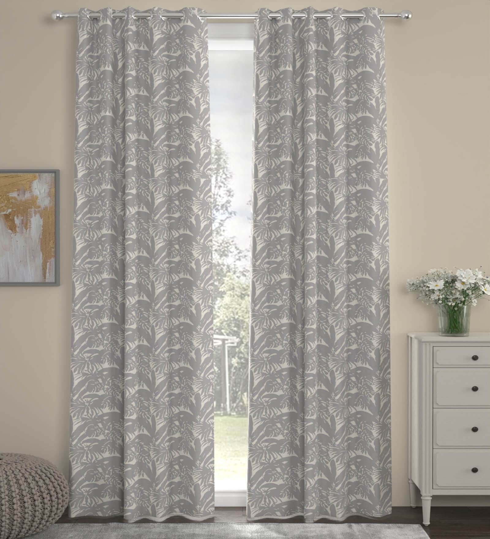 Grey Polyester Floral 9ft Semisheer Eyelet (2 pc) Long Door Curtains