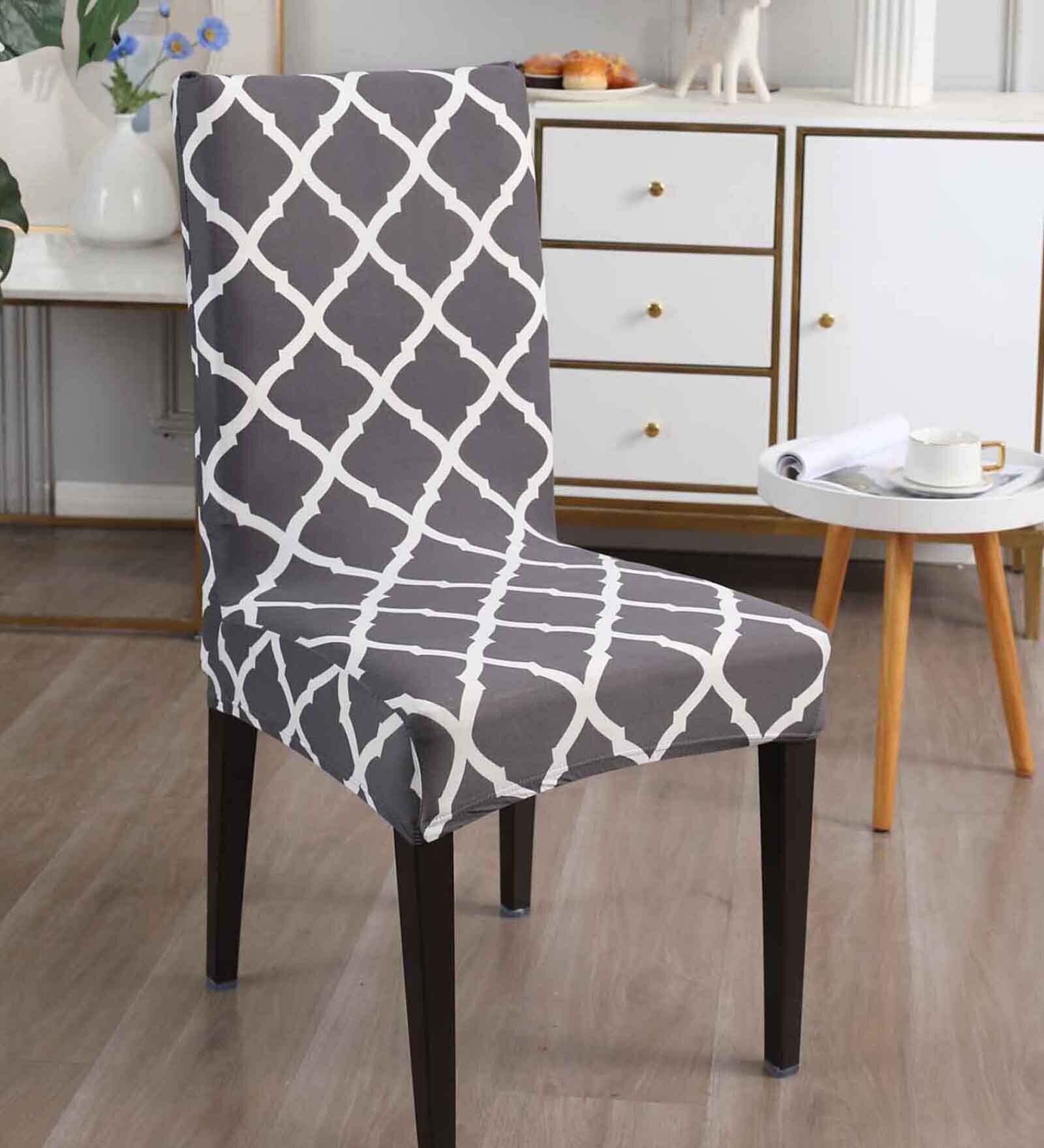 Grey Polyester Geometric Stretchable Chair Covers (Pack of 6)