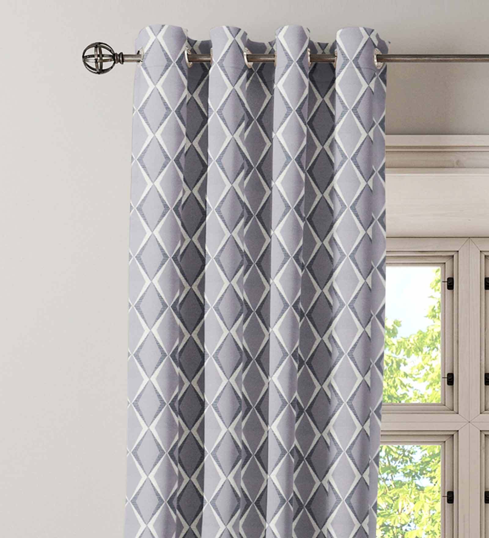 Buy Grey Geometric Polyester 5 Ft Semisheer Eyelet Window Curtains (Set