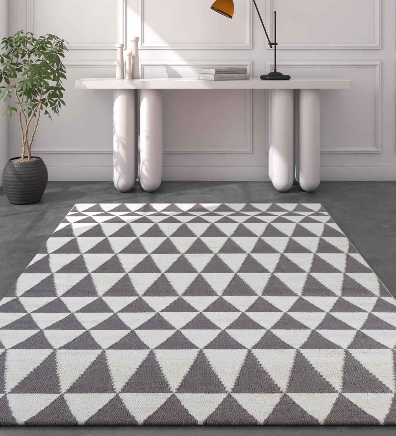 Grey Polyester Geometric 60 x 84 Inches Flat Weaves Dhurries