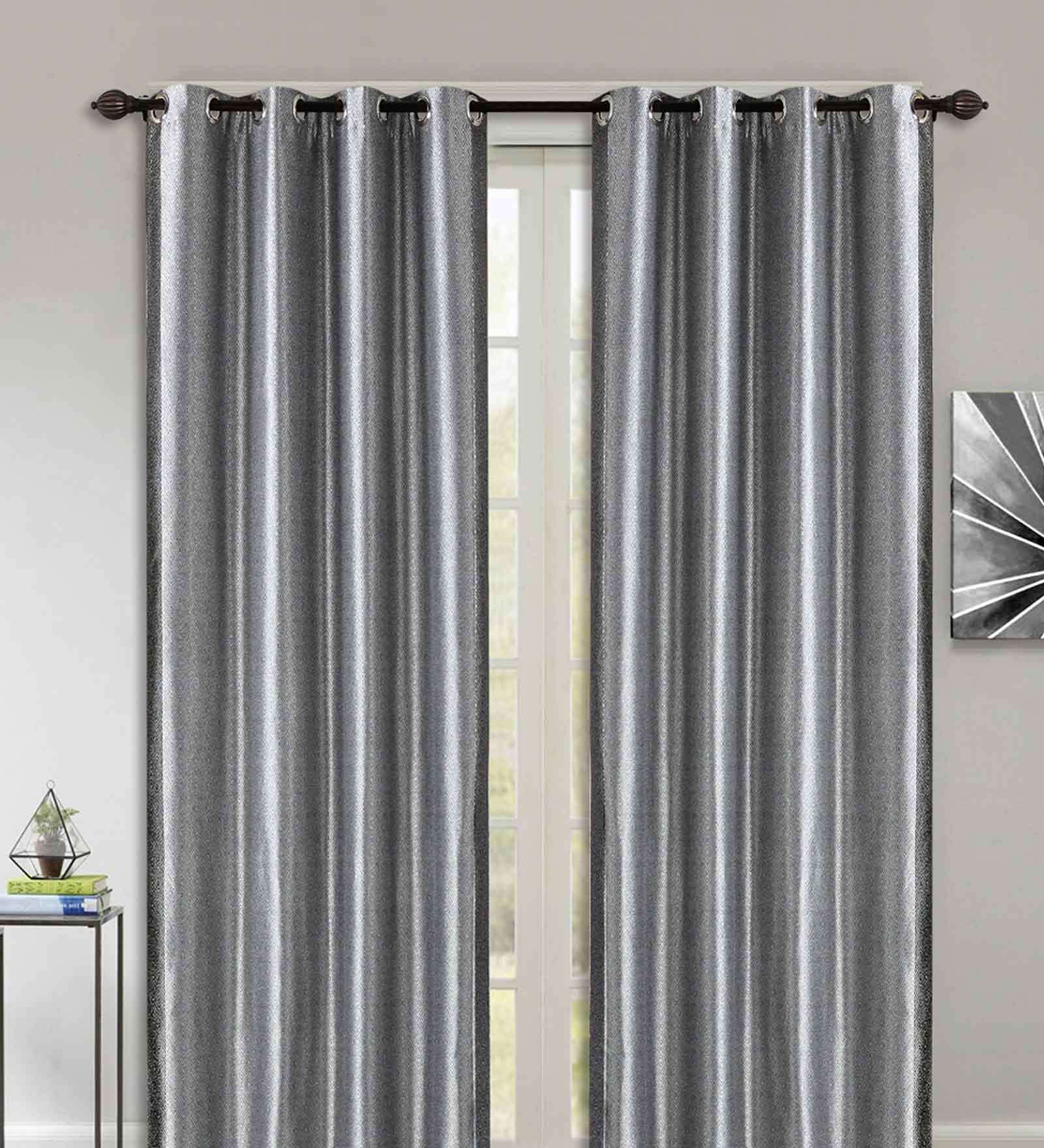 Grey Polyester Geometric 8 Ft Blackout Eyelet 2 Door Curtains