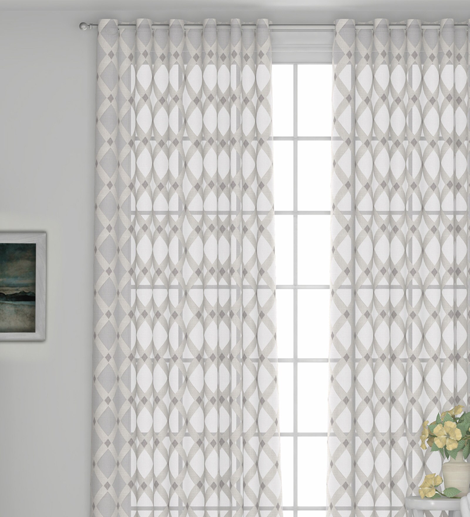 Grey Polyester Geometric 7ft Sheer Eyelet 1 Pc Door Curtain