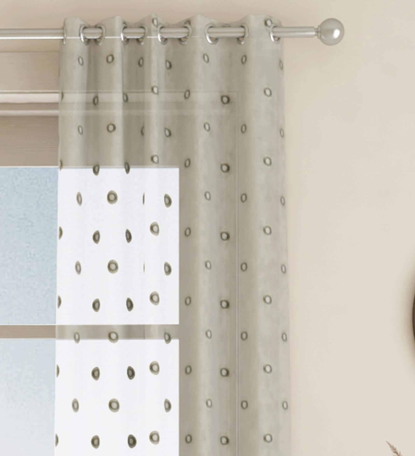 Grey Geometric Polyester 7 Ft Sheer Eyelet Door Curtain