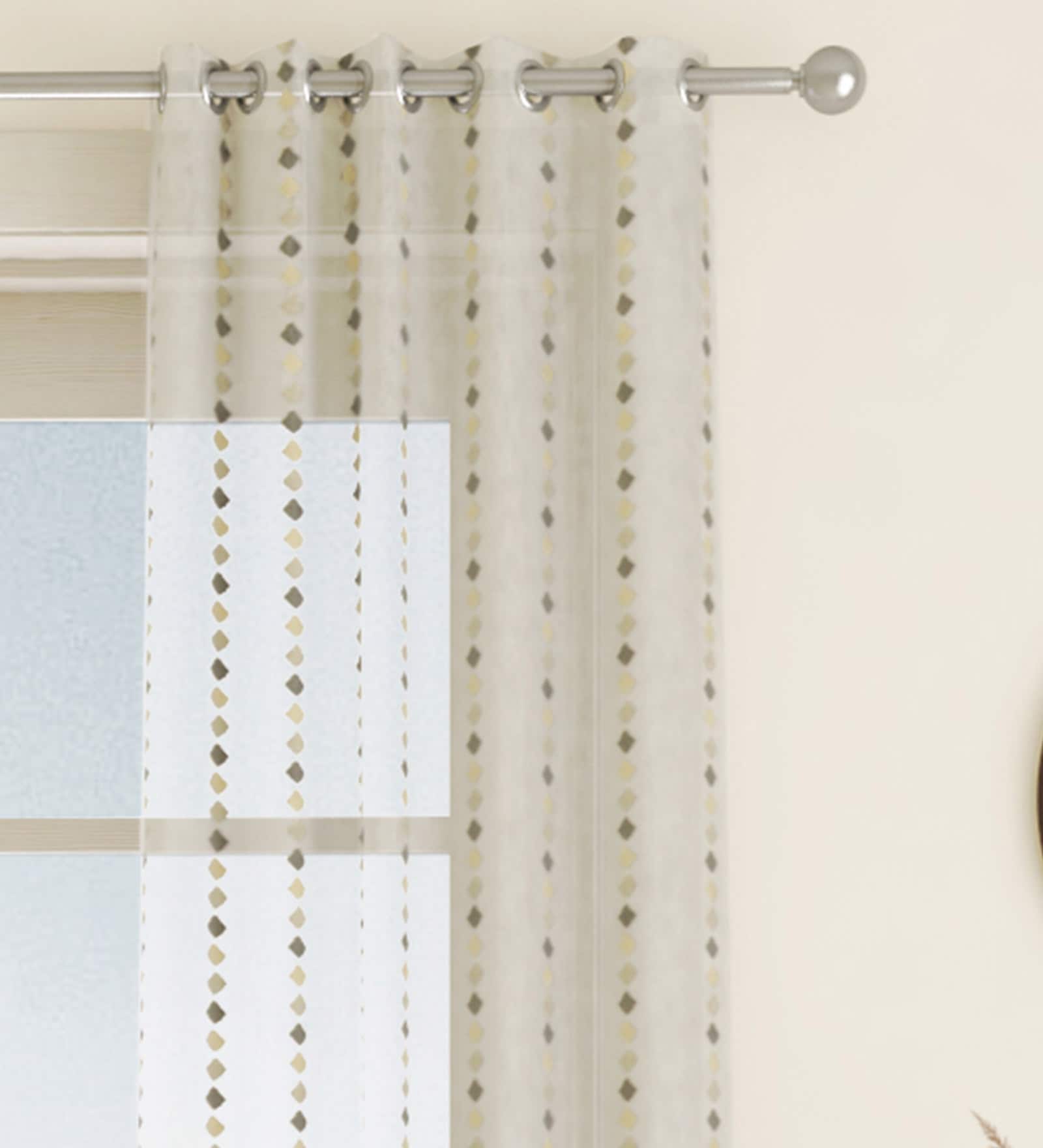 Grey Geometric Polyester 7 Ft Sheer Eyelet Door Curtain