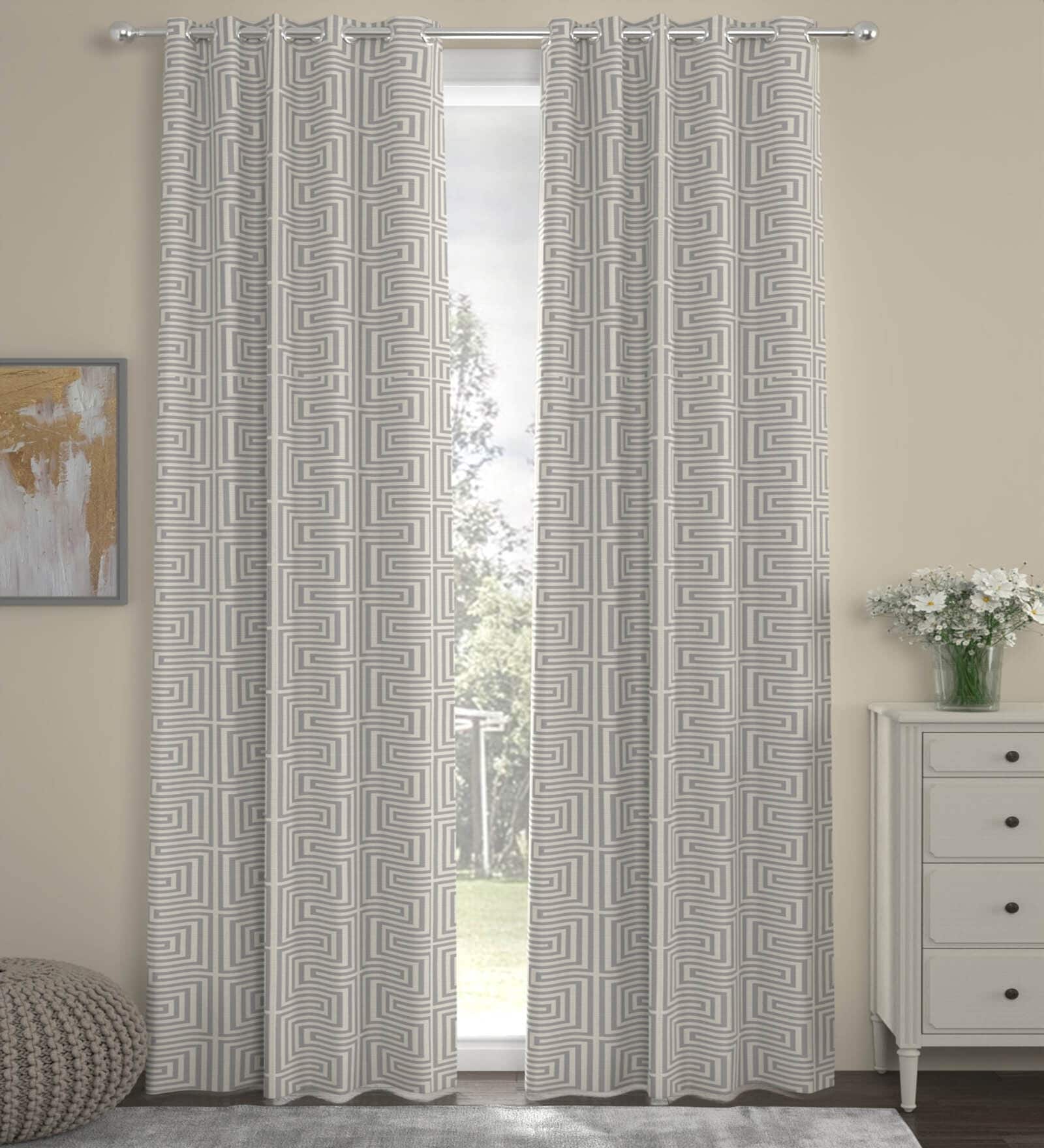 Grey Polyester Abstract 9ft Semisheer Eyelet (2 pc) Long Door Curtains