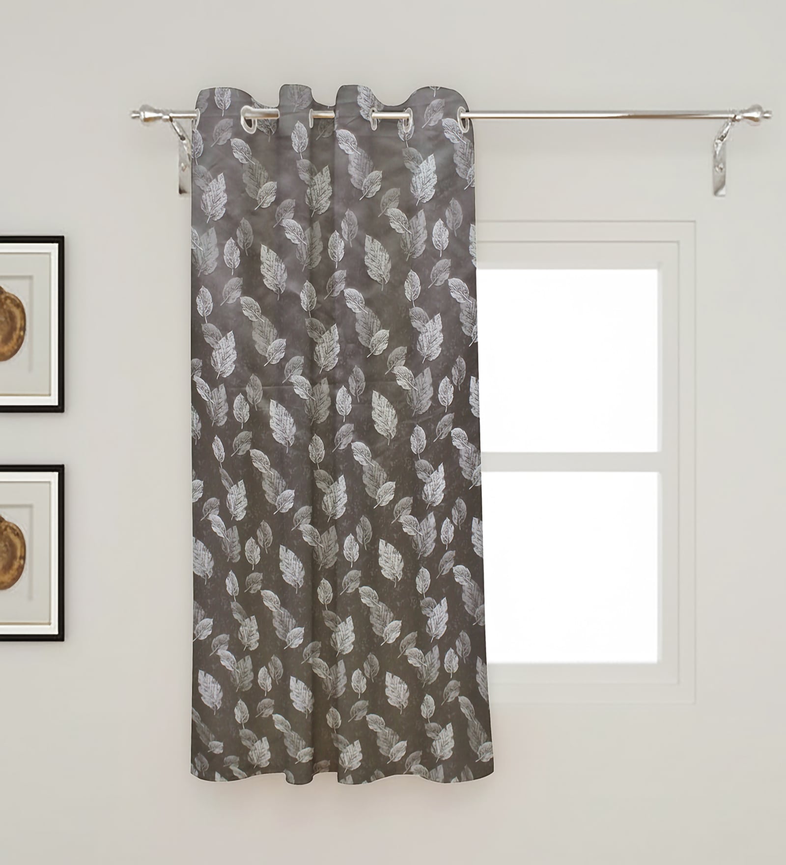 Grey Polyester Leaf 5ft Regular Eyelets Window Curtain (1 Pc)