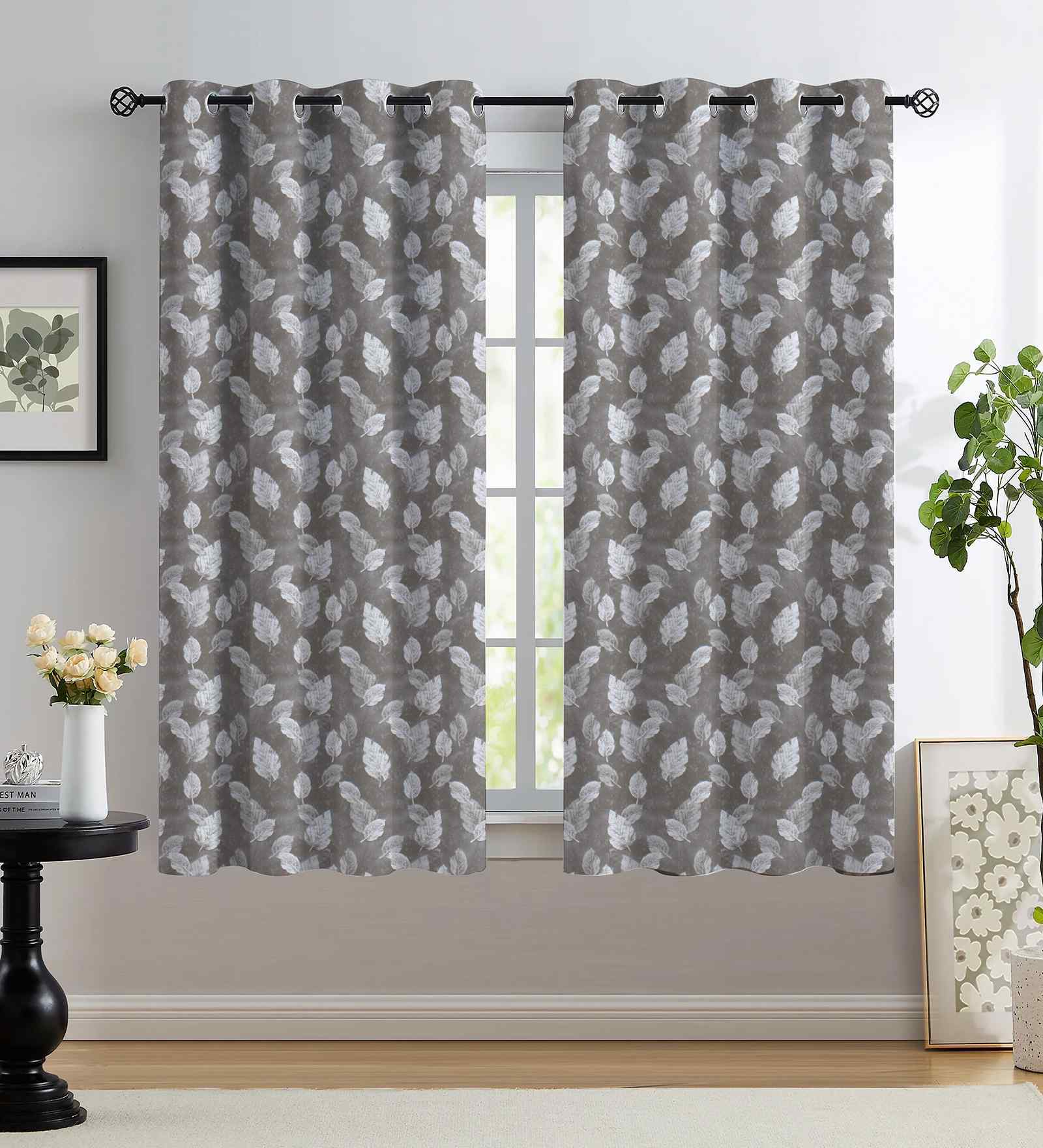 Grey Polyester Leaf 5ft Regular Eyelets Window Curtain (2 Pc)